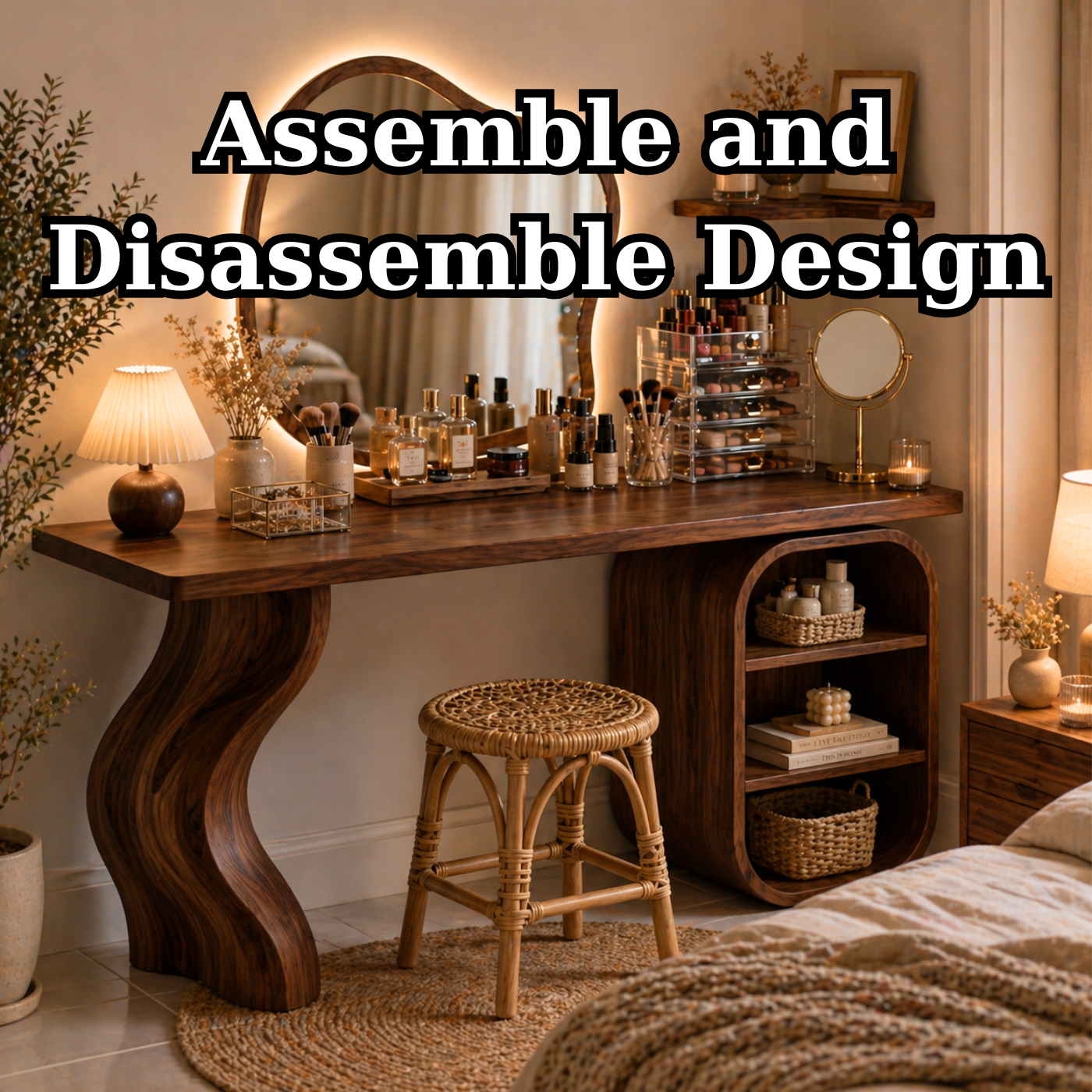 Solid Wood Makeup Vanity with Curved Leg and Open Shelf Storage