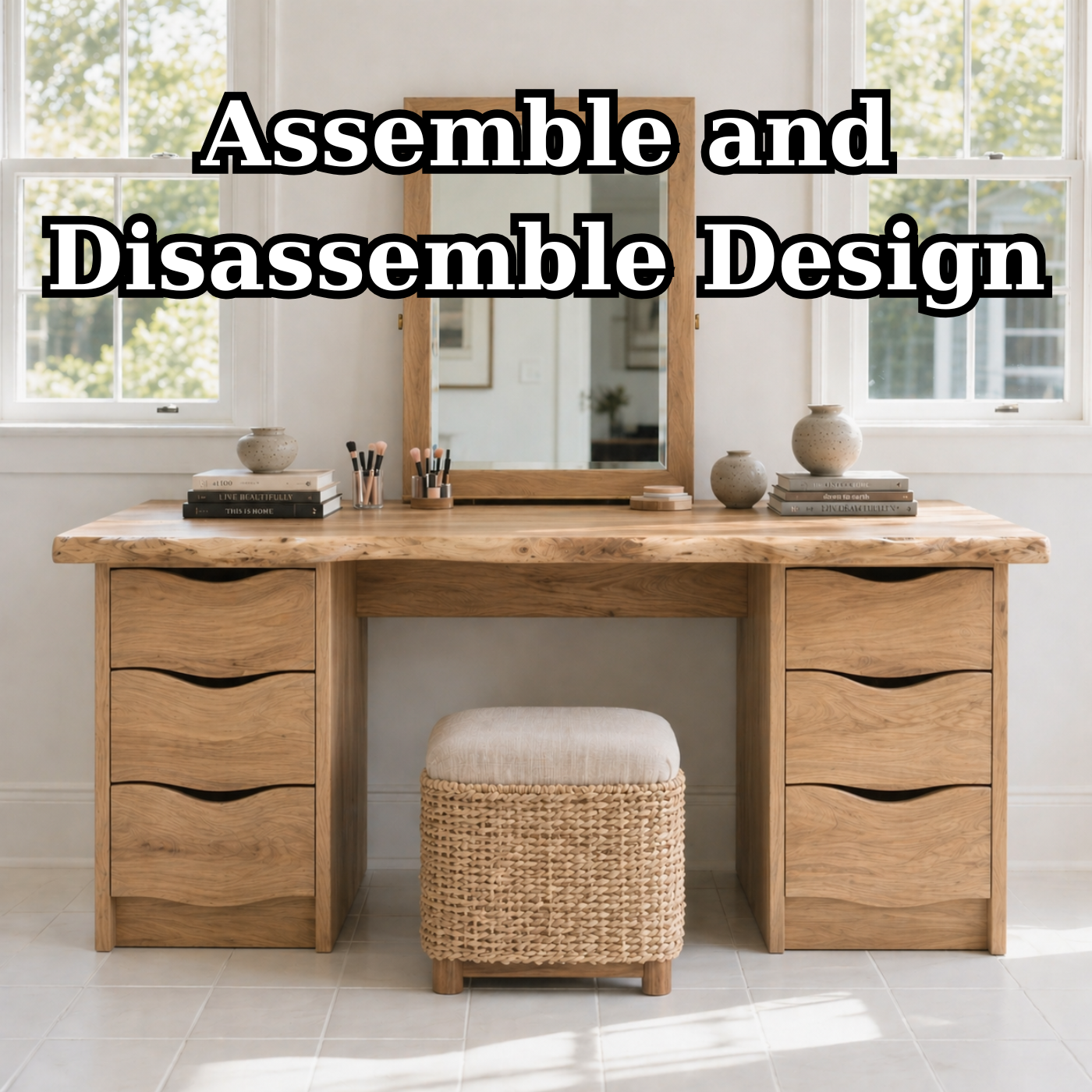 Large Solid Wood Makeup Vanity Desk with Double Drawer Storage and Live Edge Top