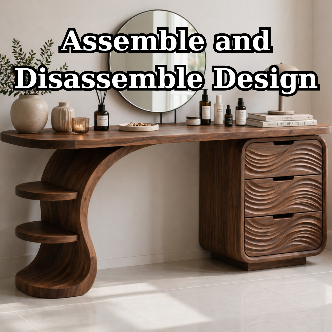 Solid Wood Makeup Vanity Desk with Wave Drawers and Curved Sculptural Base