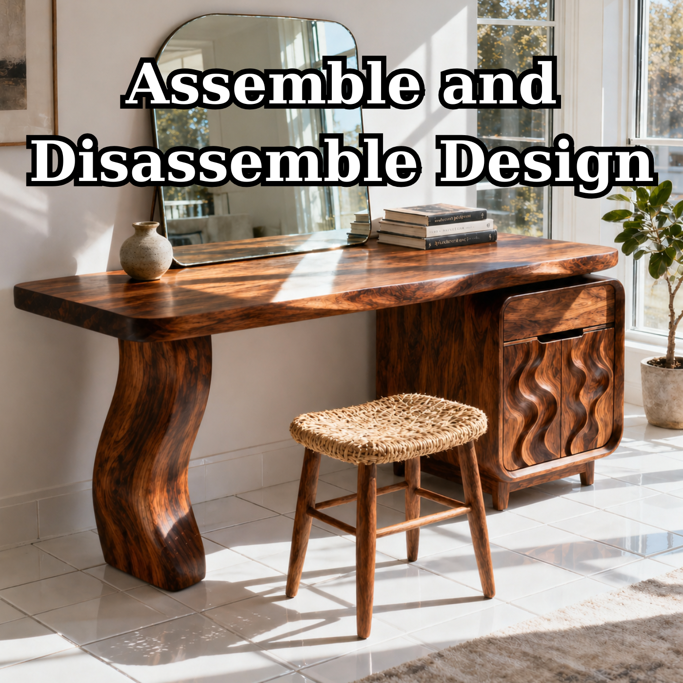 Luxury Solid Wood Makeup Vanity Desk with Sculptural Base and Wave Door Cabinet