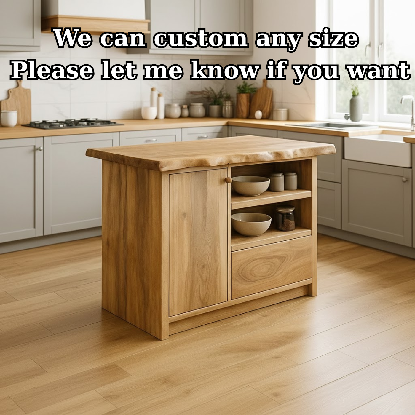 Solid Wood Kitchen Island with Cabinet and Open Shelves, Modern Oak Kitchen Prep Table