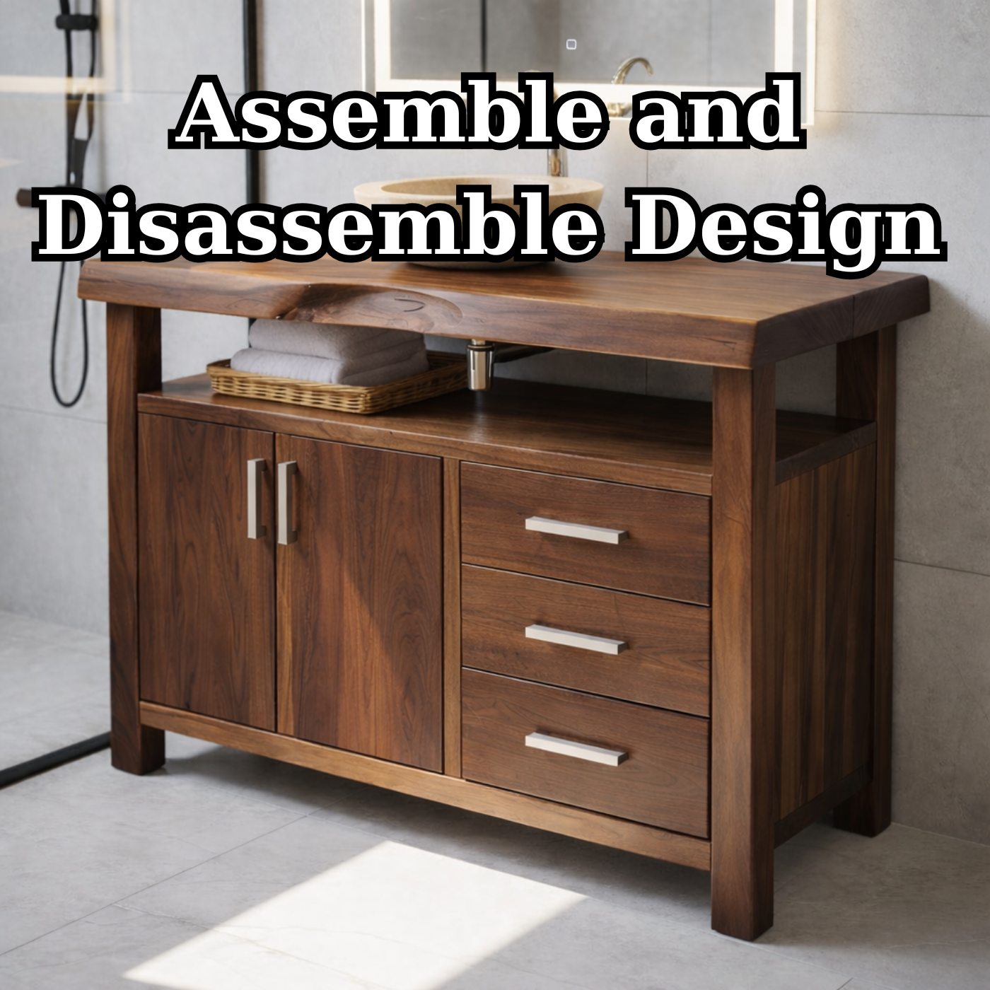 Solid Wood Bathroom Vanity with Cabinet Doors, Three Drawers and Open Shelf – Freestanding Natural Wood Vanity