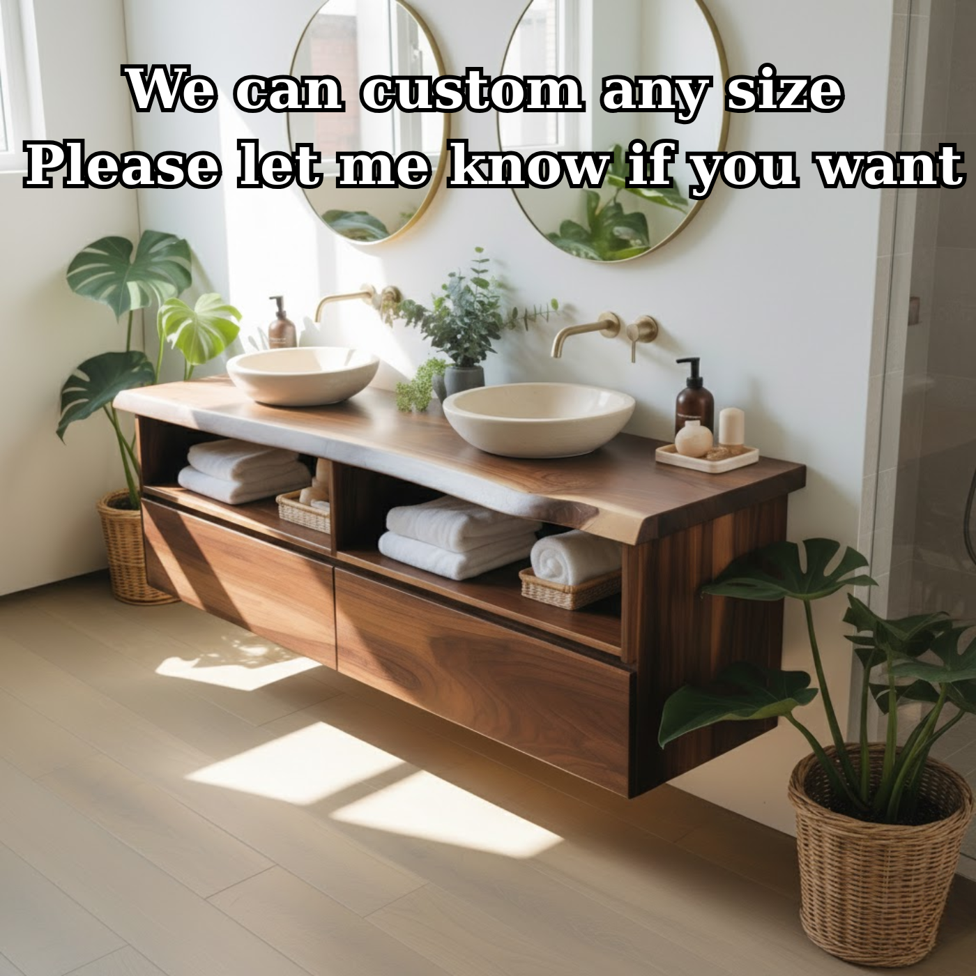Modern Double Floating Solid Wood Bathroom Vanity Cabinet