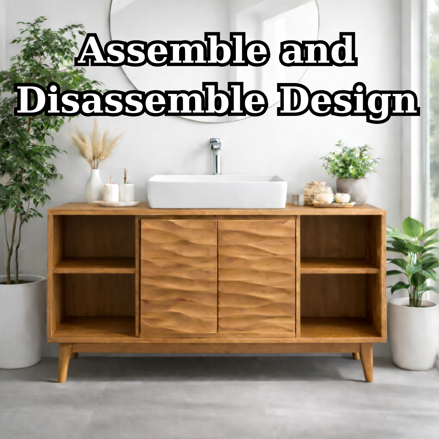Mid-Century Solid Wood Bathroom Vanity with Textured Cabinet Doors and Open Shelving