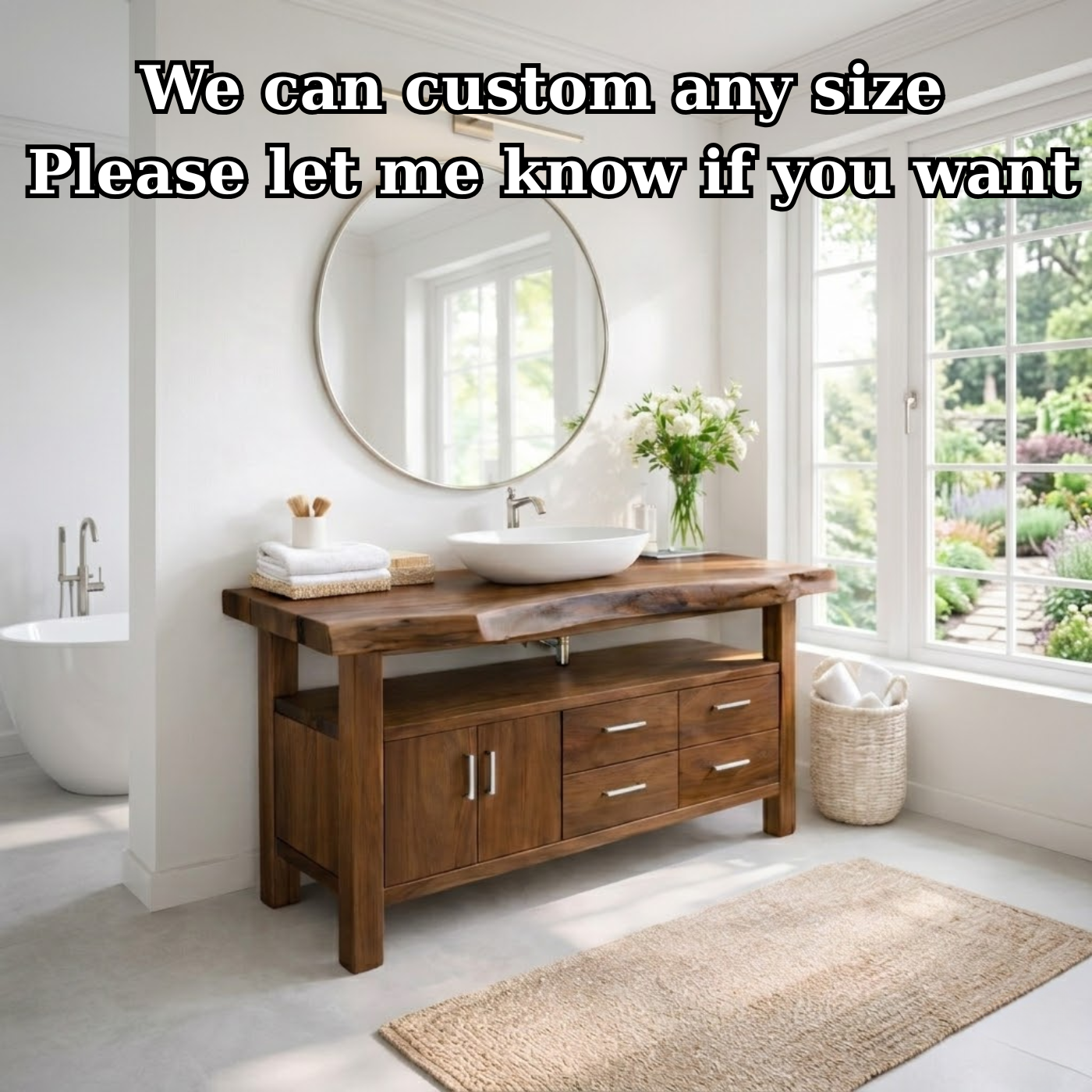 Live Edge Solid Wood Bathroom Vanity with Double Cabinet Doors, Four Drawers and Open Shelf