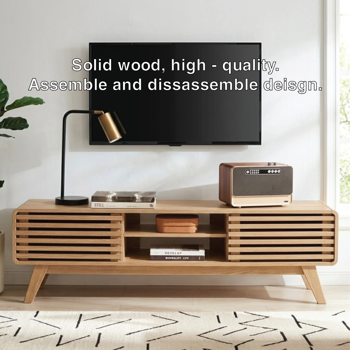 Mid Century Modern TV Stand, Slatted Cabinet Media Console with Storage for Living Room