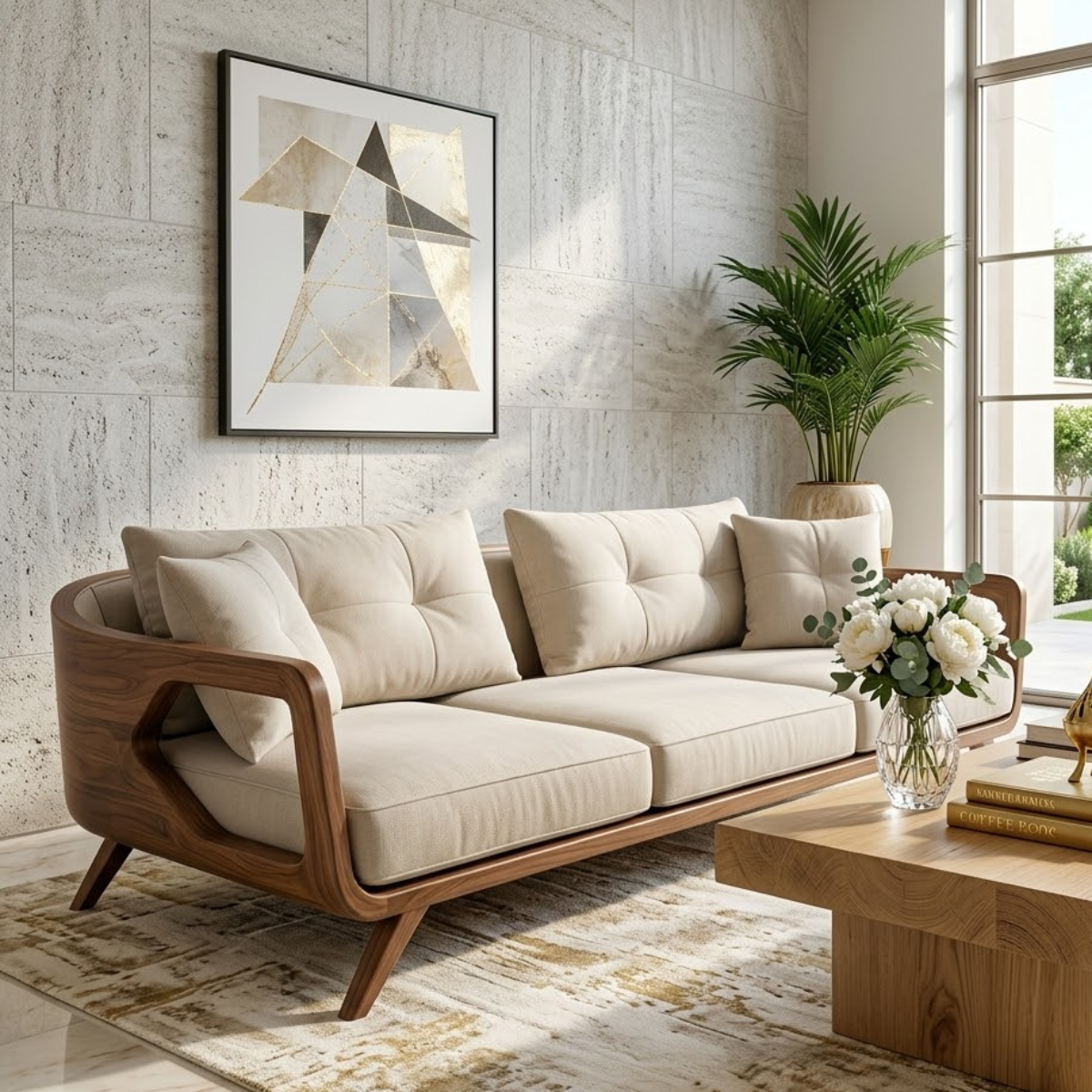 Modern Curved Solid Wood Sofa with Beige Tufted Cushions Luxury Scandi Couch