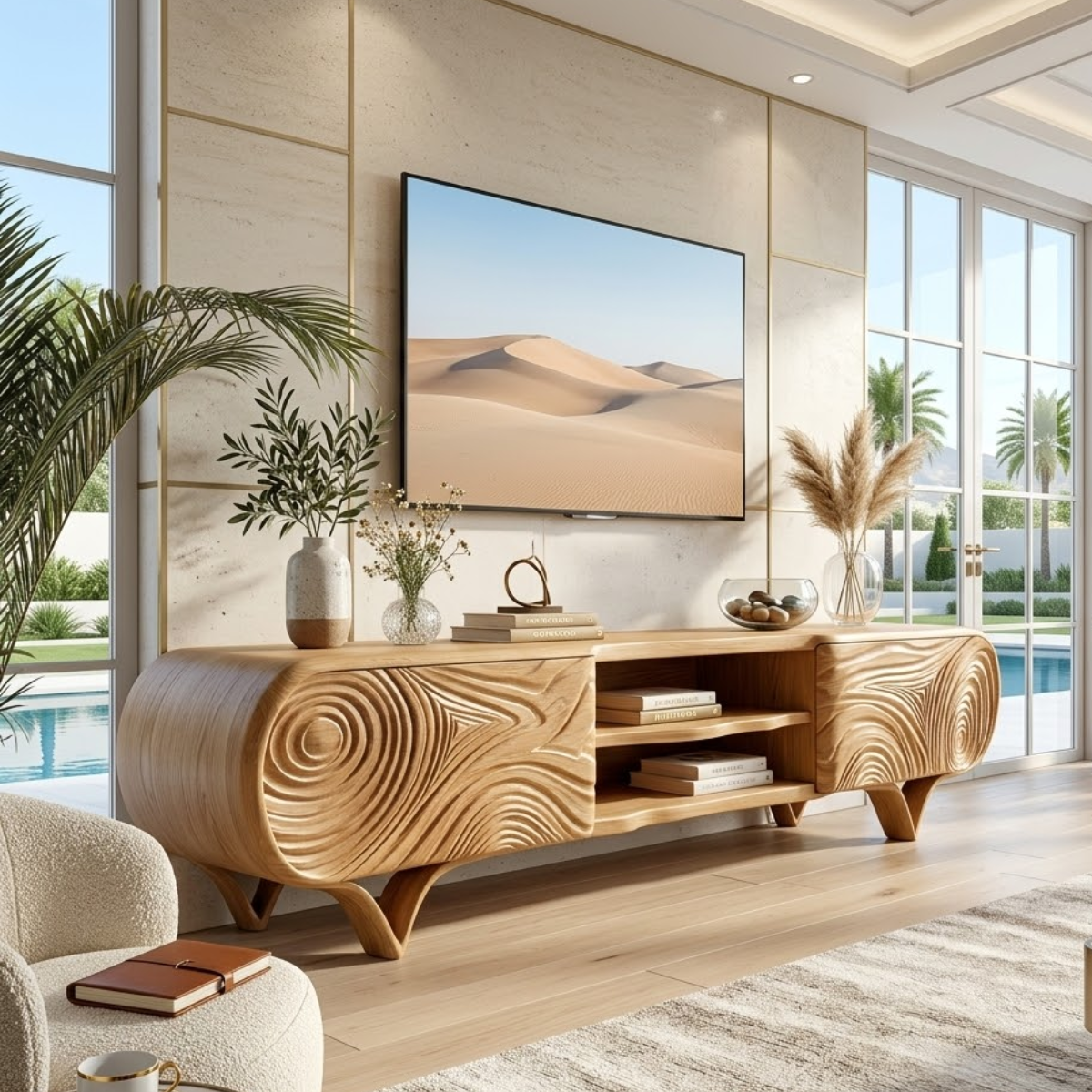 Modern Sculptural TV Console, Carved Storage Media Cabinet for Luxury Interiors