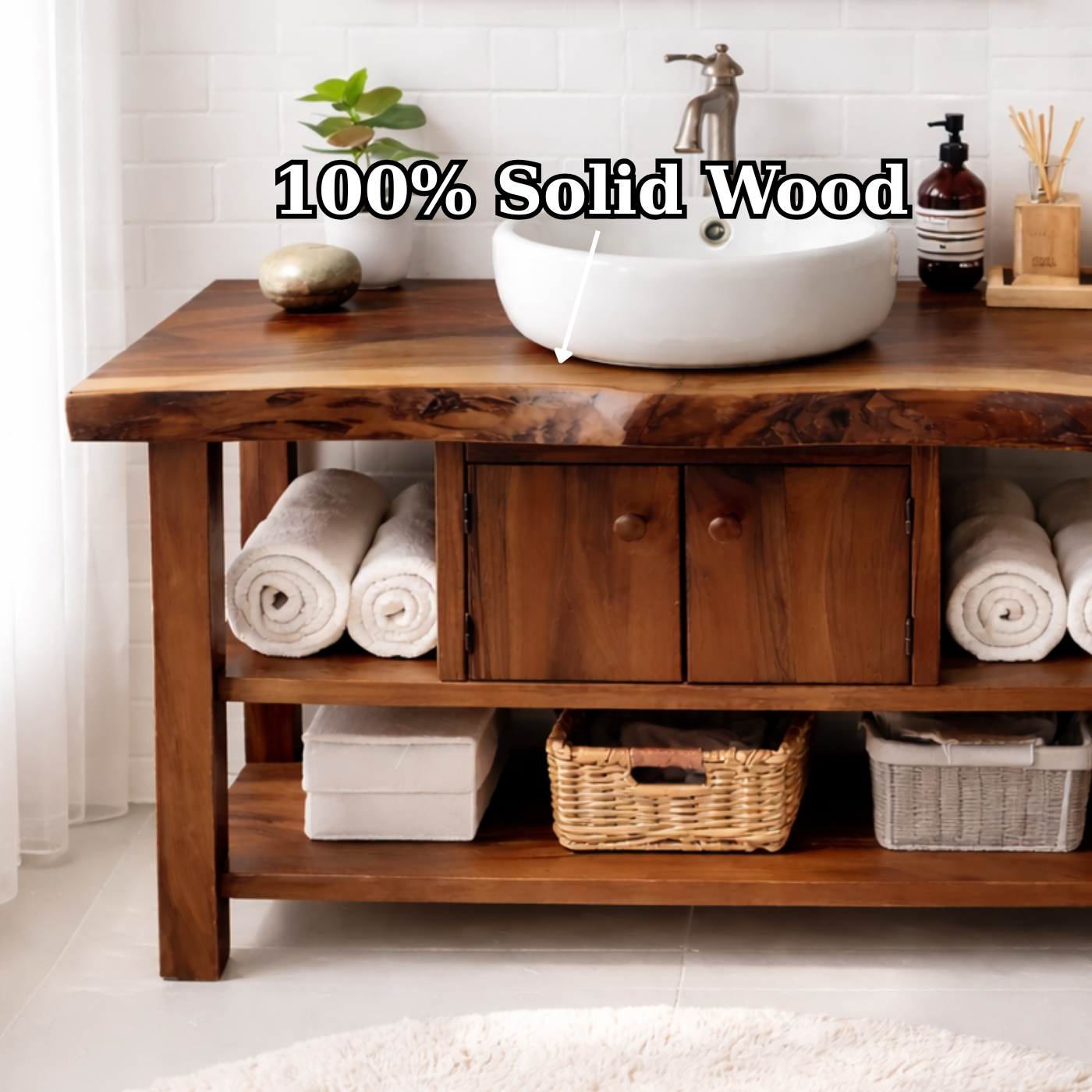 Live Edge Solid Wood Bathroom Vanity with Open Shelves and Storage Cabinet – Rustic Modern Bathroom Vanity