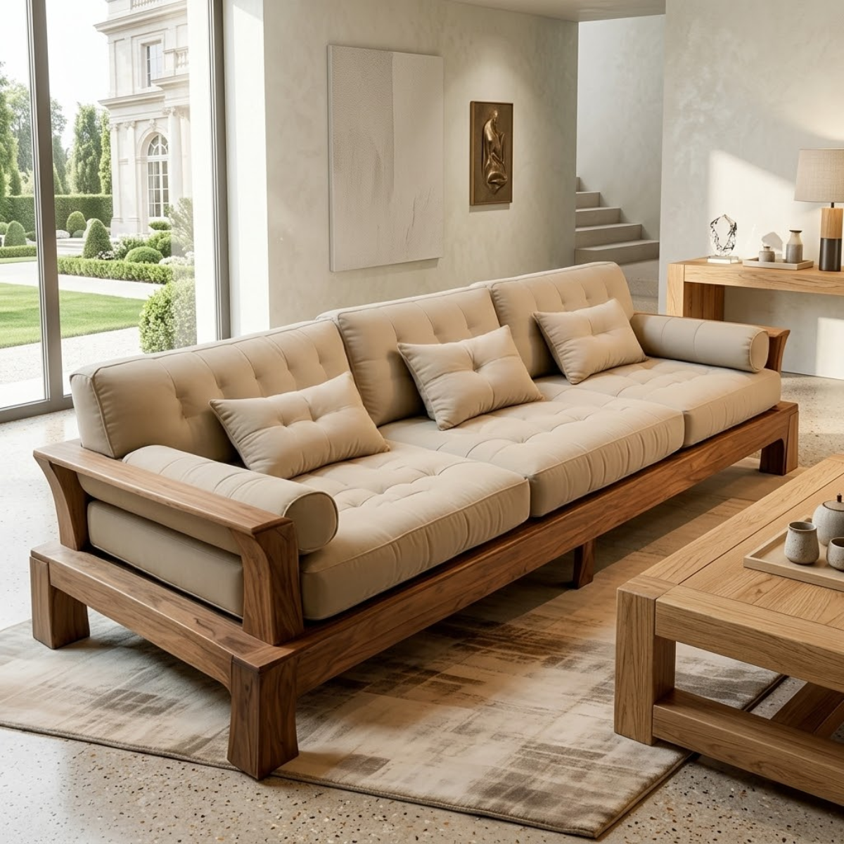 Large Solid Wood Sofa with Beige Tufted Cushions Modern Japandi Living Room Couch