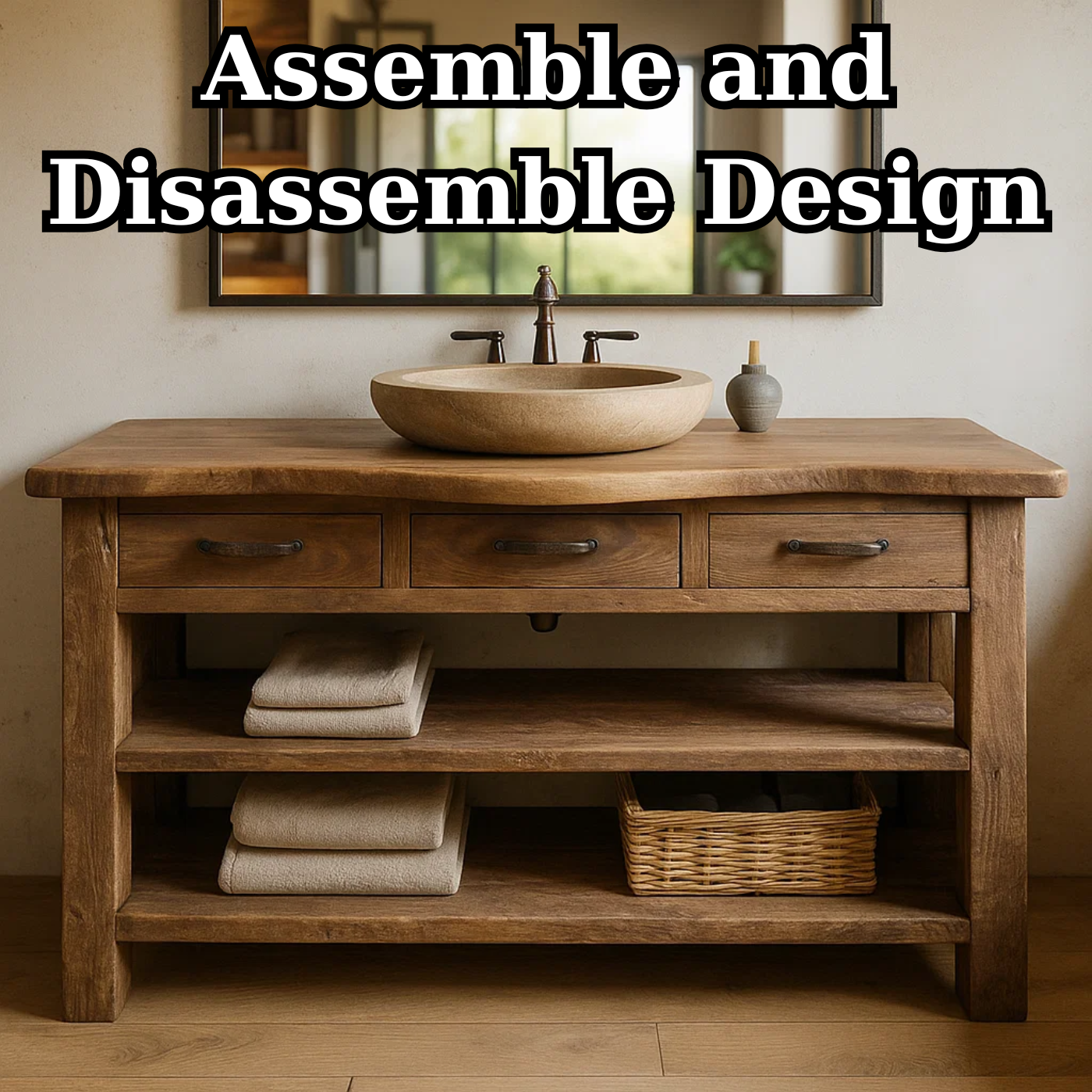 Solid Wood Bathroom Vanity with Three Drawers and Double Open Shelving