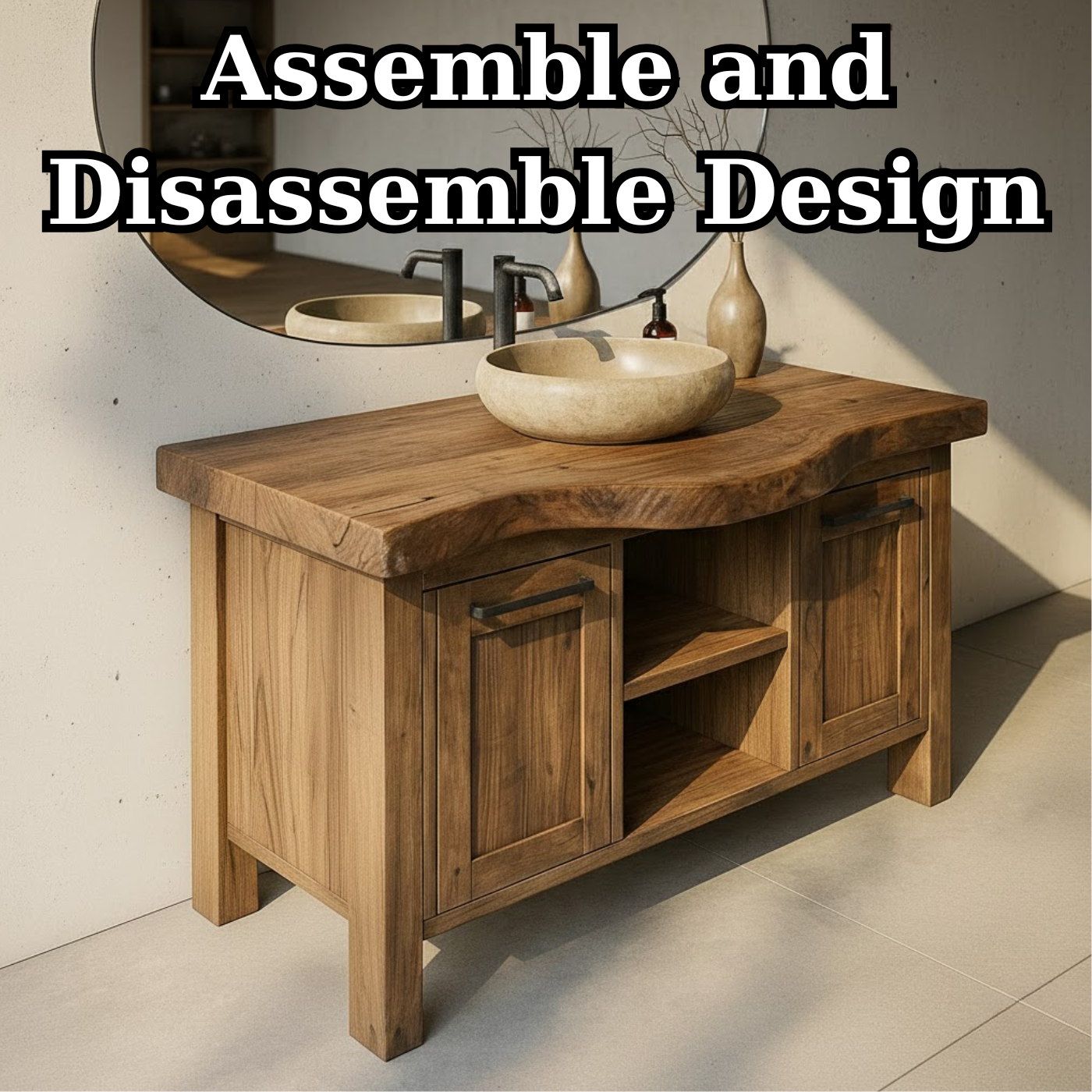 Solid Wood Bathroom Vanity with Double Door Cabinets and Open Center Shelf