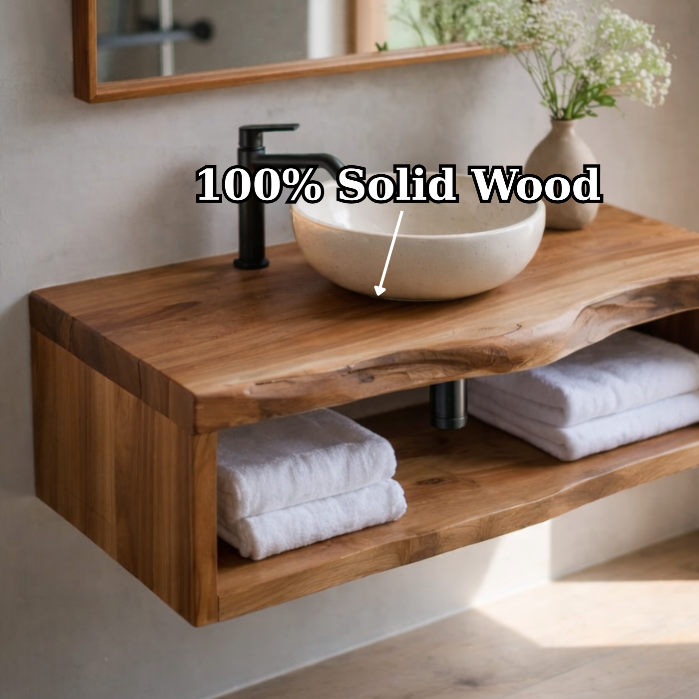 Live Edge Floating Bathroom Vanity, Solid Wood Wall Mounted Vanity Shelf with Storage