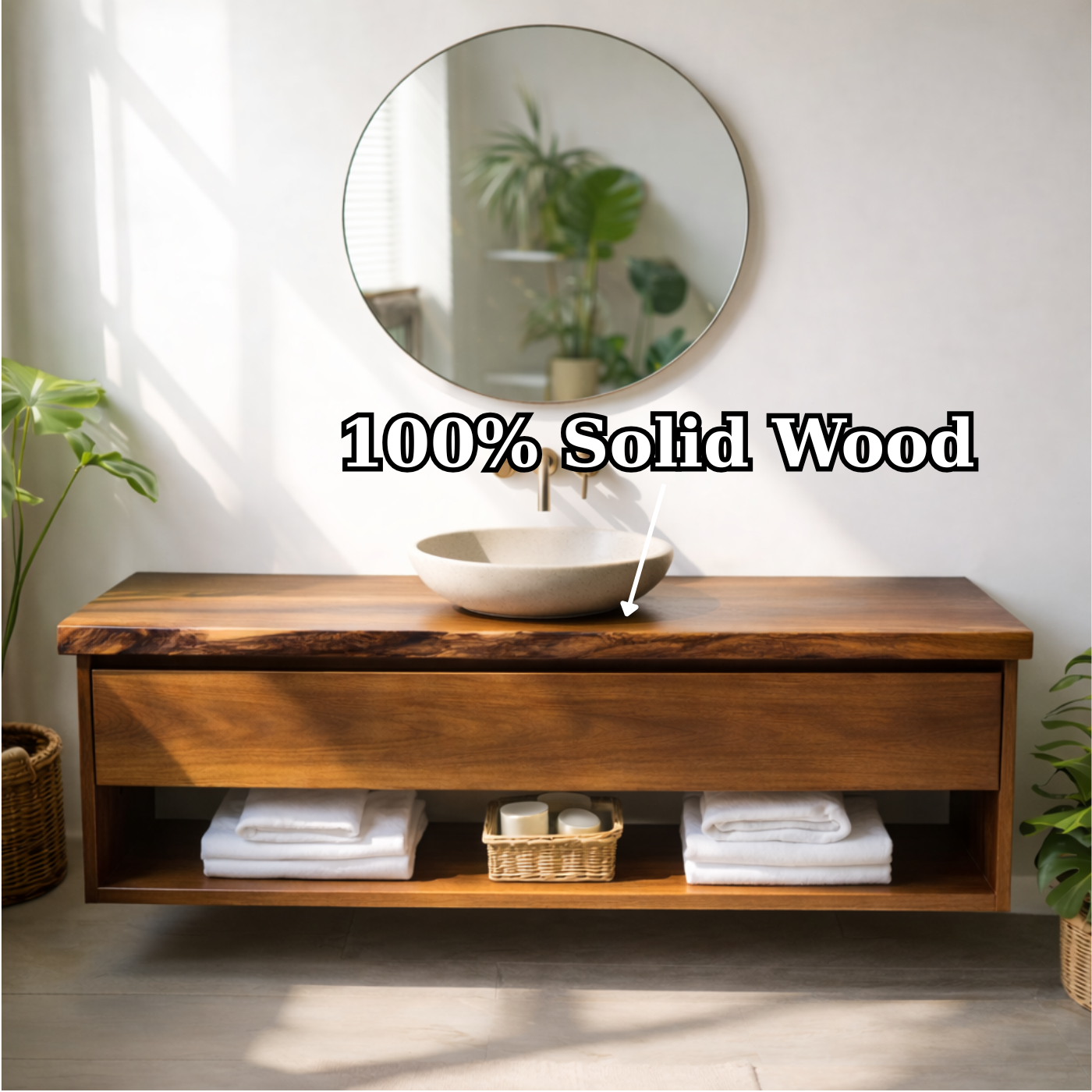 Floating Solid Wood Bathroom Vanity with Drawer and Open Shelf, Wall Mounted Wood Vanity