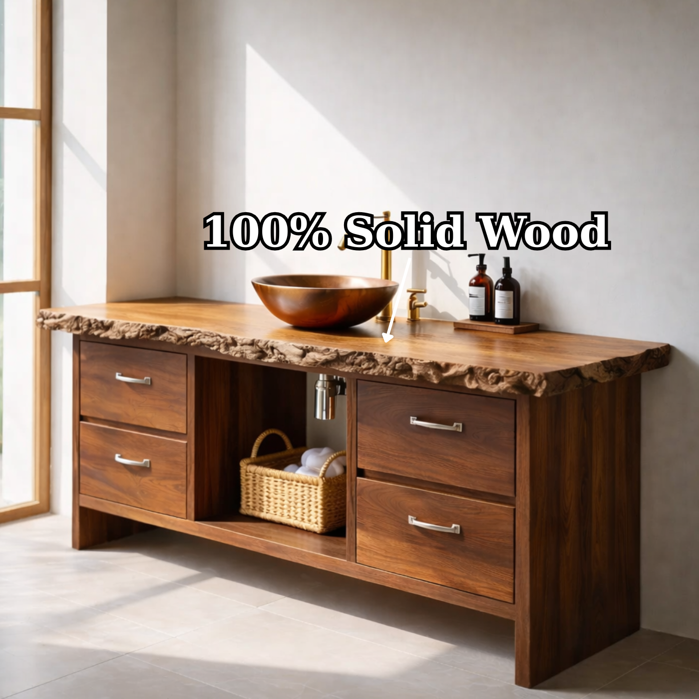 Rustic Solid Wood Bathroom Vanity with Live Edge Countertop