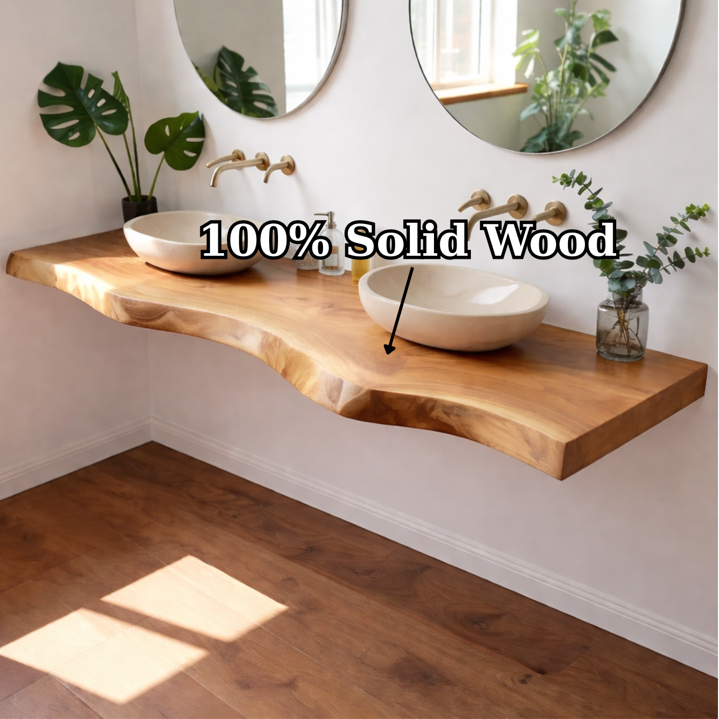 Floating Live Edge Solid Wood Double Sink Bathroom Vanity Top – Rustic Wall Mounted Wood Countertop