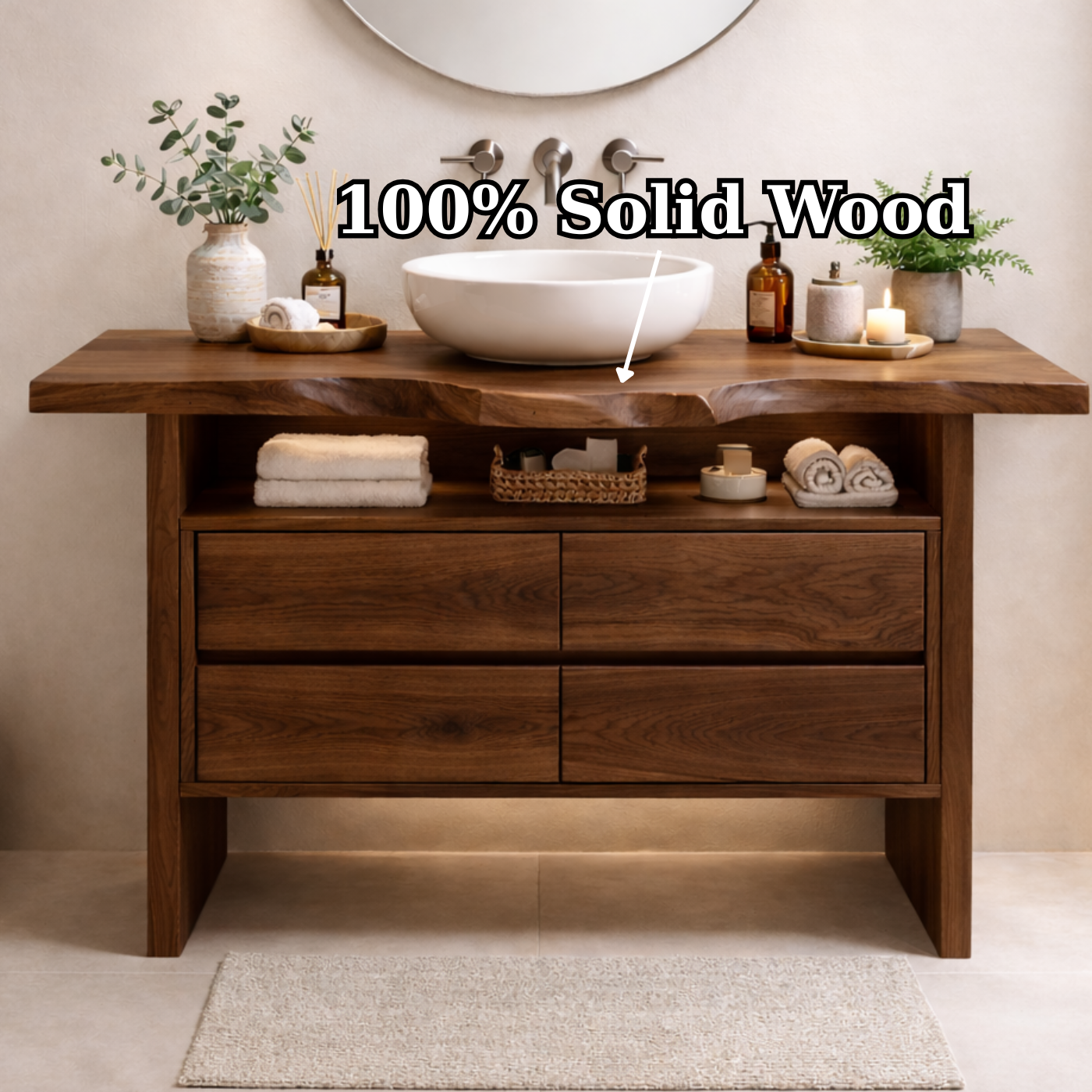 Solid Wood Bathroom Vanity with Open Shelf and Four Drawers