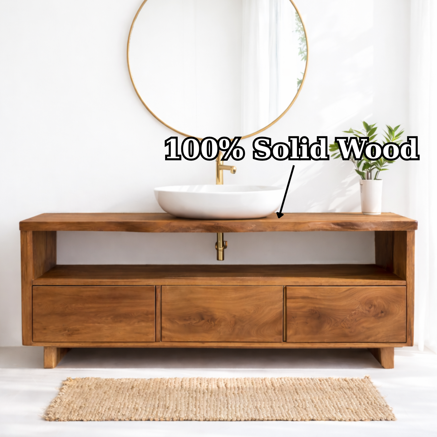 Solid Wood Bathroom Vanity with Open Shelf and Three Drawers – Rustic Freestanding Wood Vanity Cabinet