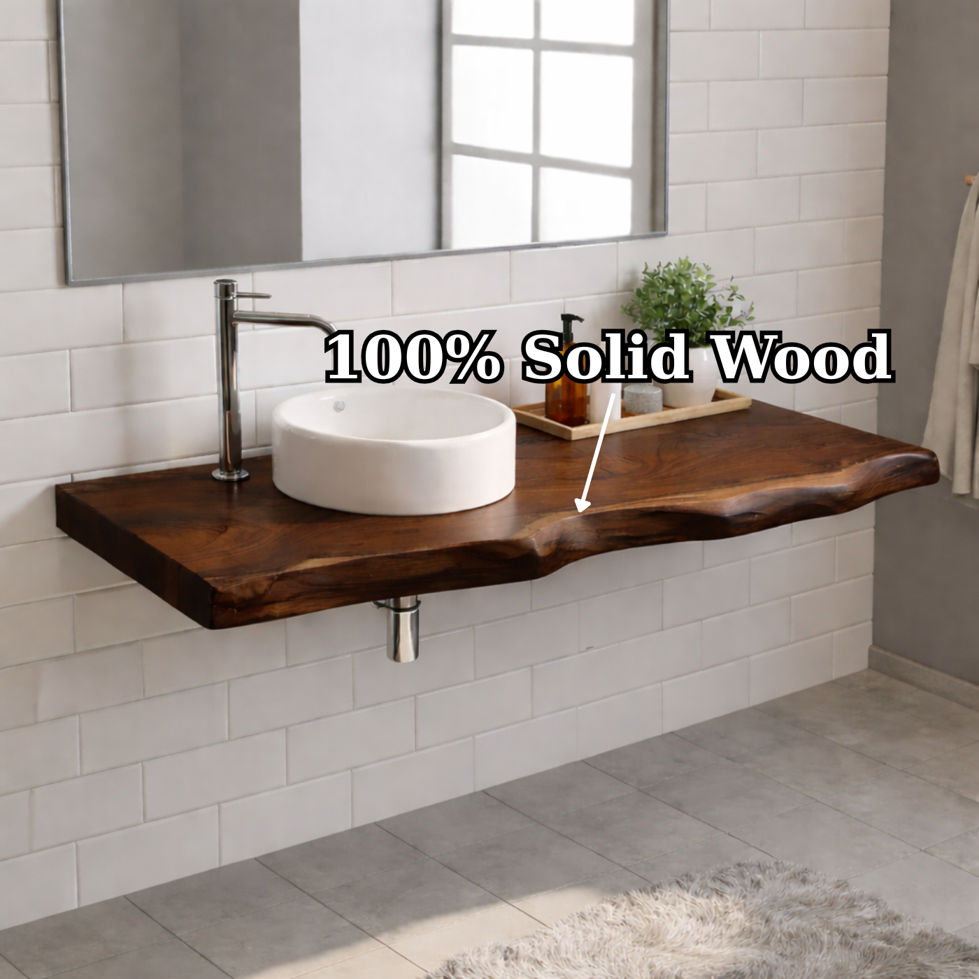 Floating Live Edge Solid Wood Bathroom Vanity Top – Rustic Wall Mounted Wood Countertop