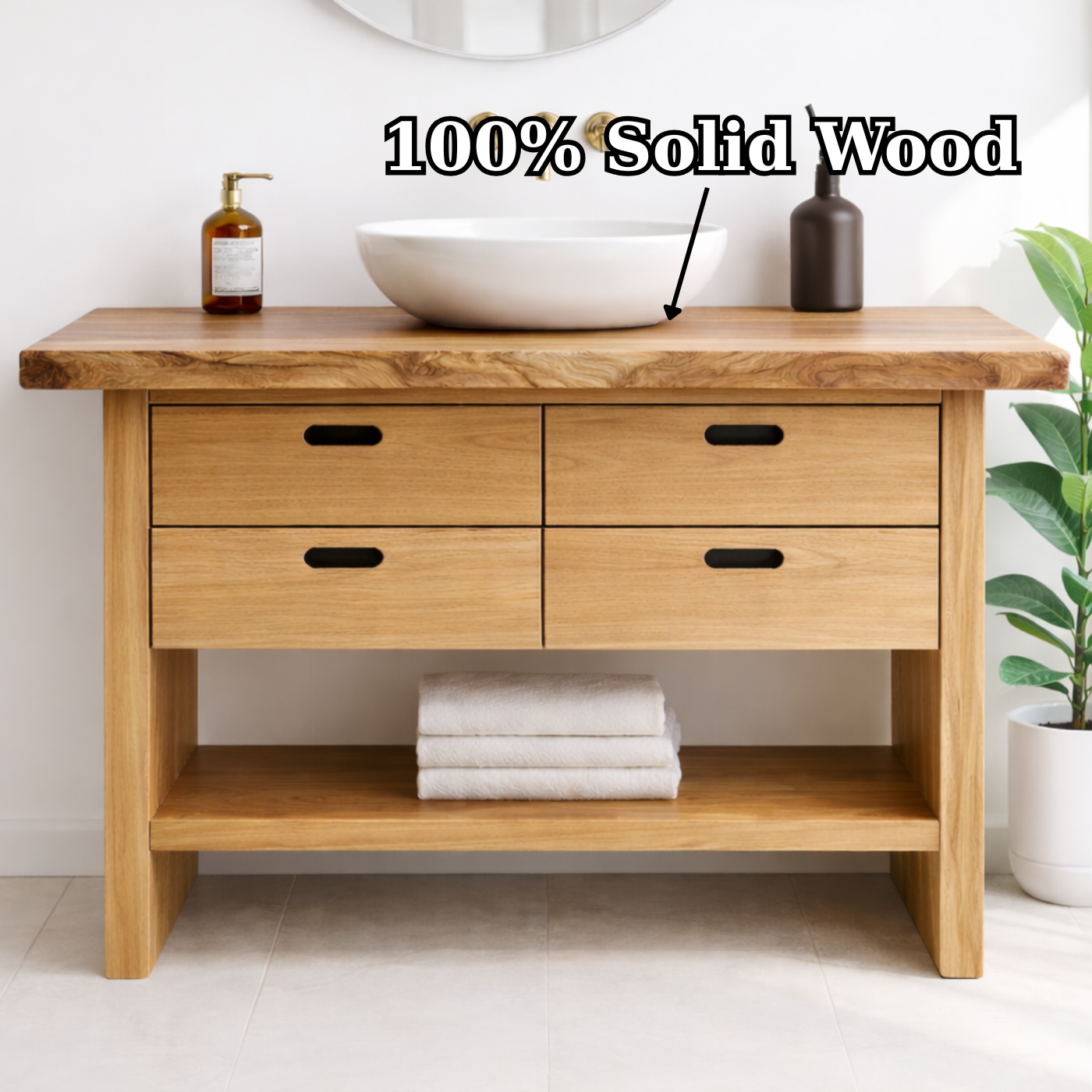 Solid Wood Bathroom Vanity Cabinet with Live Edge Top, 4 Drawers and Open Storage Shelf