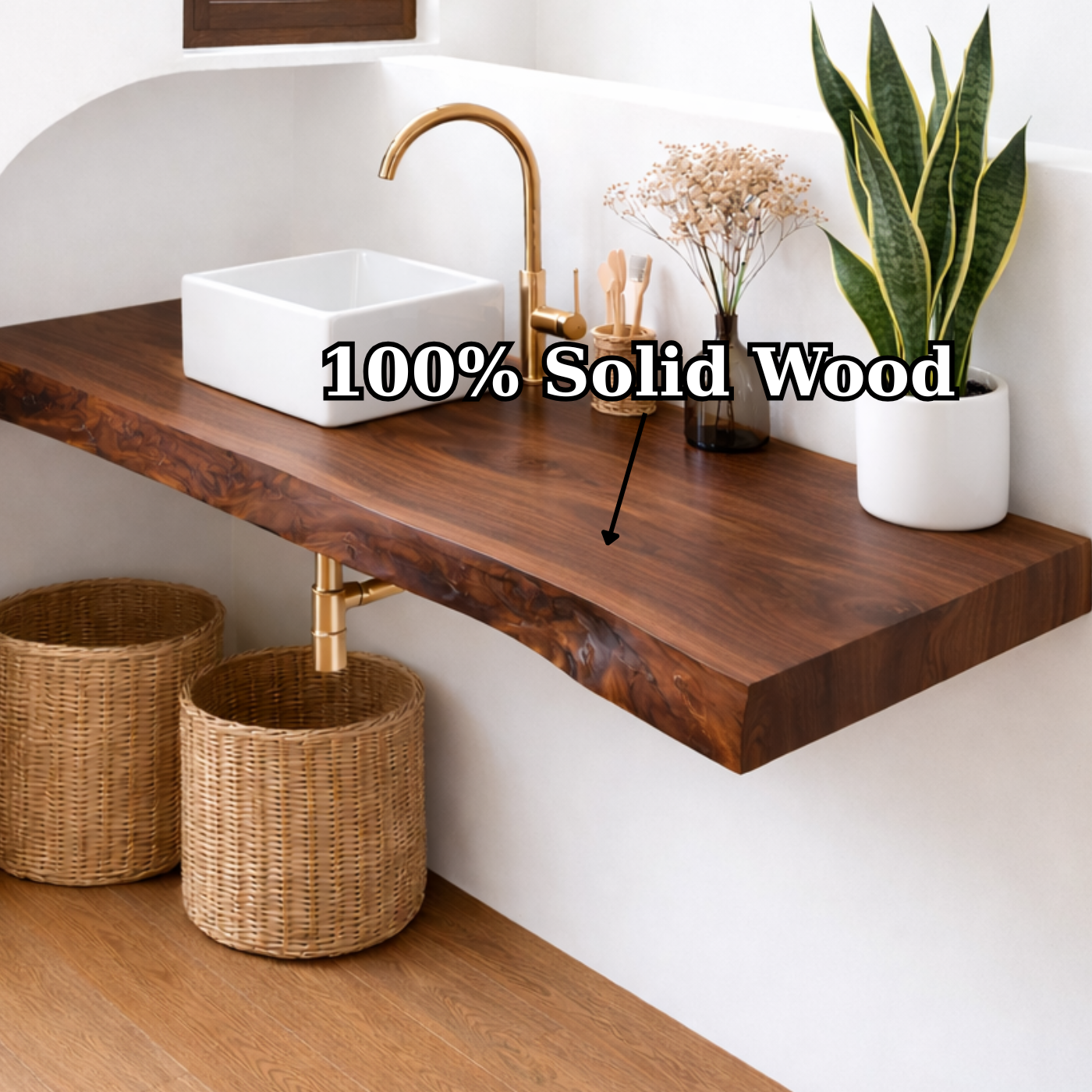 Floating Solid Wood Bathroom Vanity with Live Edge Top and Vessel Sink – Wall Mounted Vanity