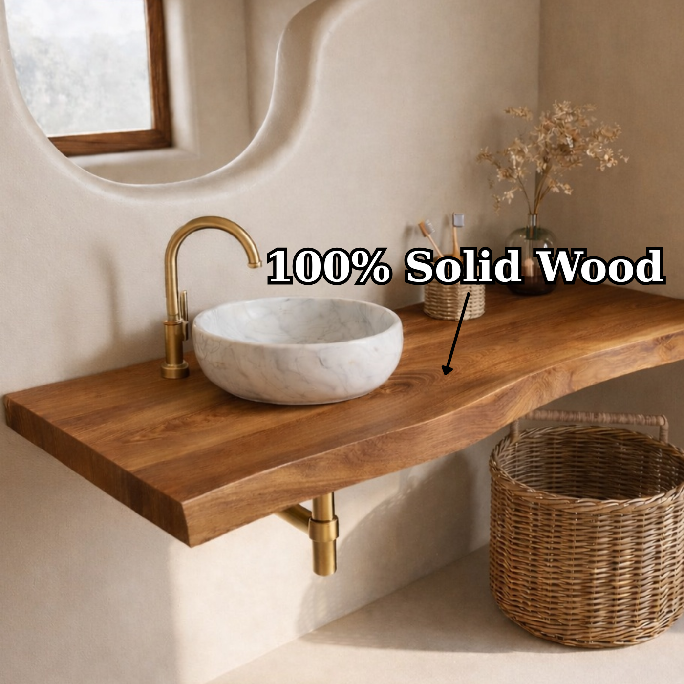 Floating Live Edge Solid Wood Bathroom Vanity Top – Rustic Wall Mounted Wood Countertop Shelf