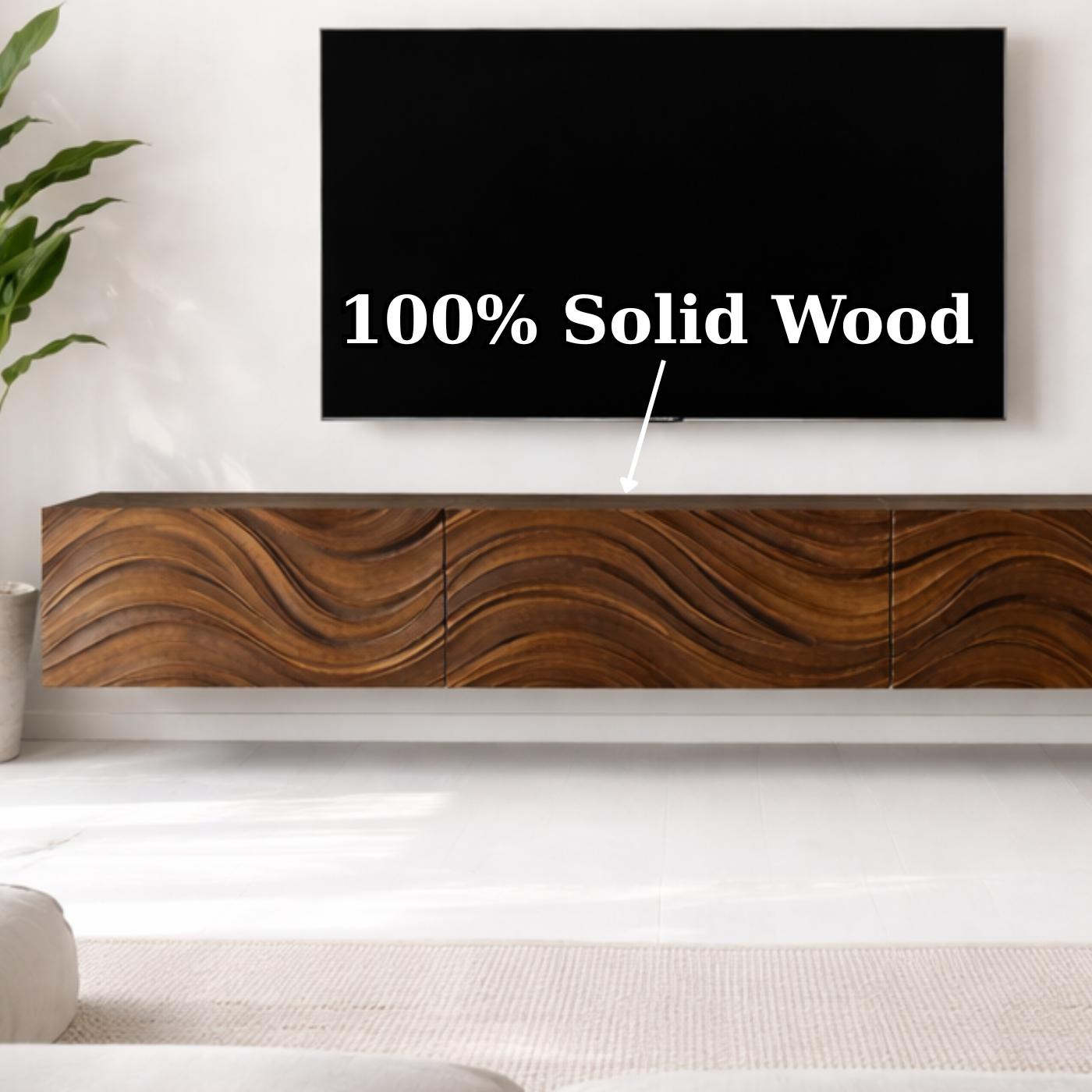 Floating Solid Wood TV Stand with Carved Wave Front – Modern Walnut Media Console