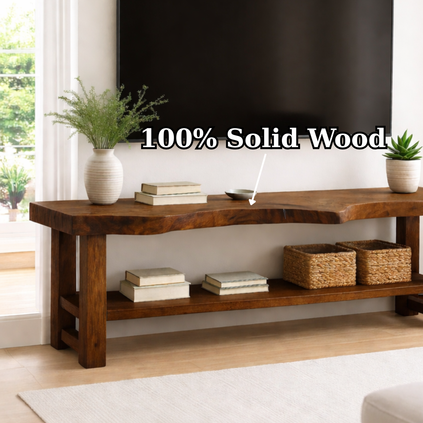 Live Edge Solid Wood TV Stand with Shelf – Rustic Walnut Media Console Table