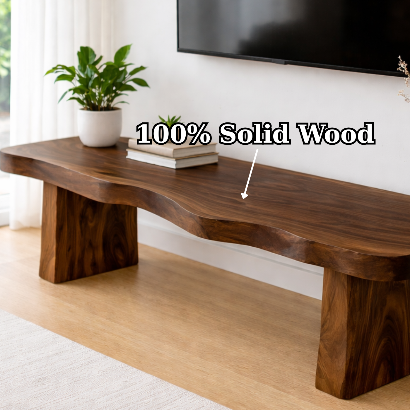Live Edge Solid Wood TV Stand – Rustic Walnut Media Console Table for Living Room