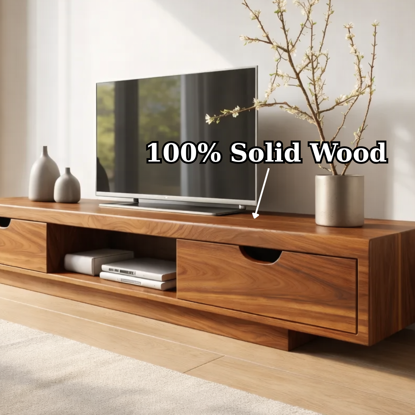 Walnut Wood TV Stand with Drawers – Modern Solid Wood Media Console Cabinet