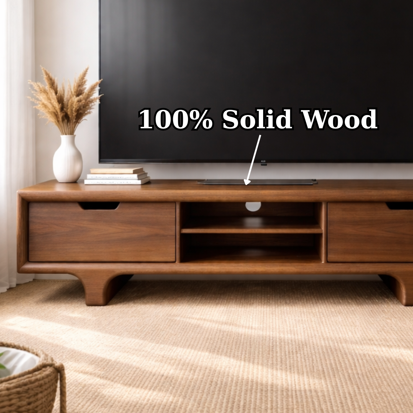 Mid Century Walnut Wood TV Stand with Drawers – Solid Wood Media Console Cabinet