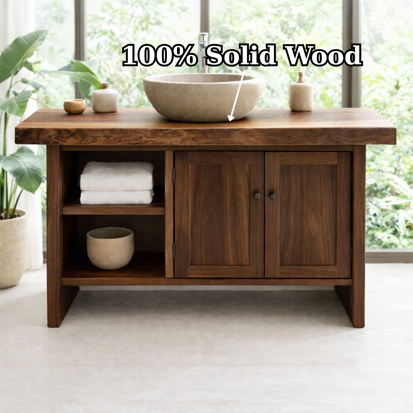 Solid Wood Bathroom Vanity Cabinet with Double Doors and Open Shelf – Rustic Modern Freestanding Vanity Base