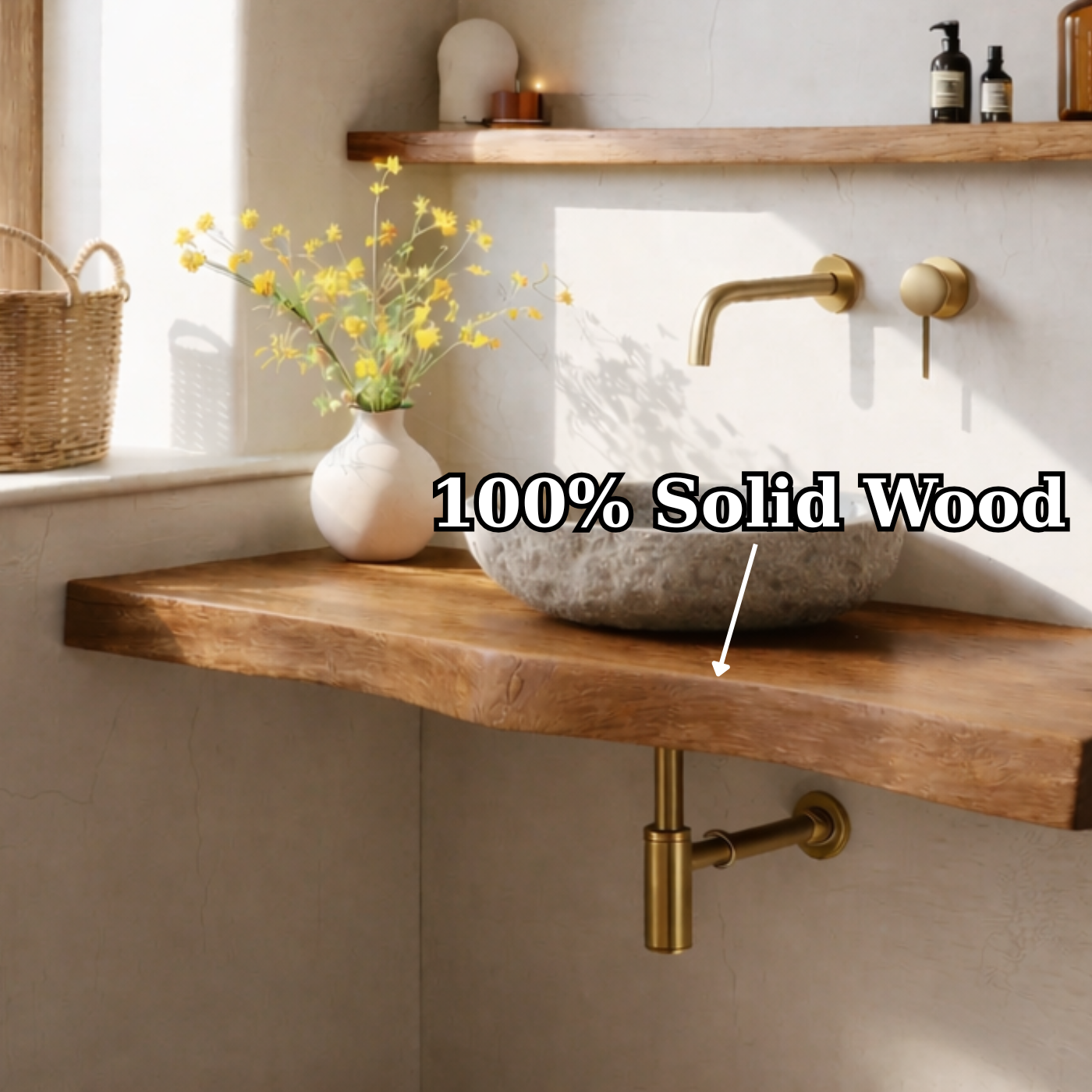 Solid Wood Floating Bathroom Vanity Shelf with Rustic Natural Finish
