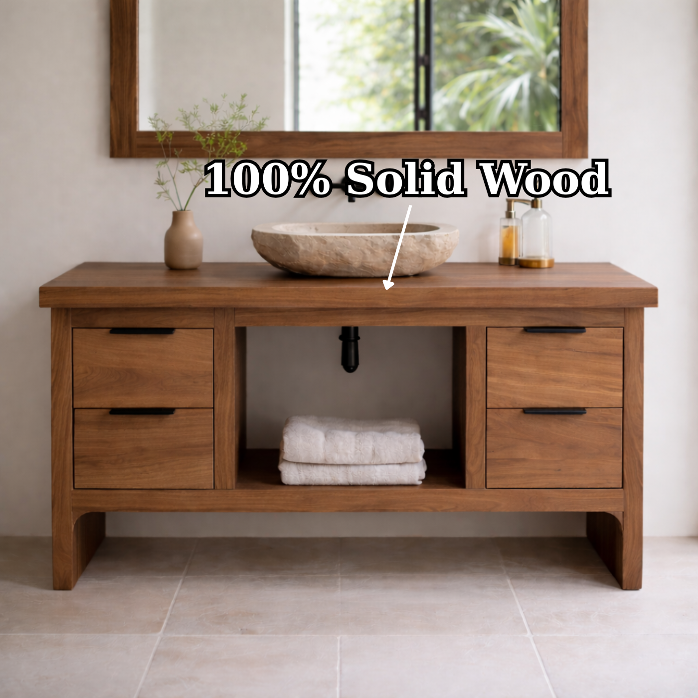 Rustic Soild Wood Bathroom Vanity with Drawers and Open Shelf for Contemporary