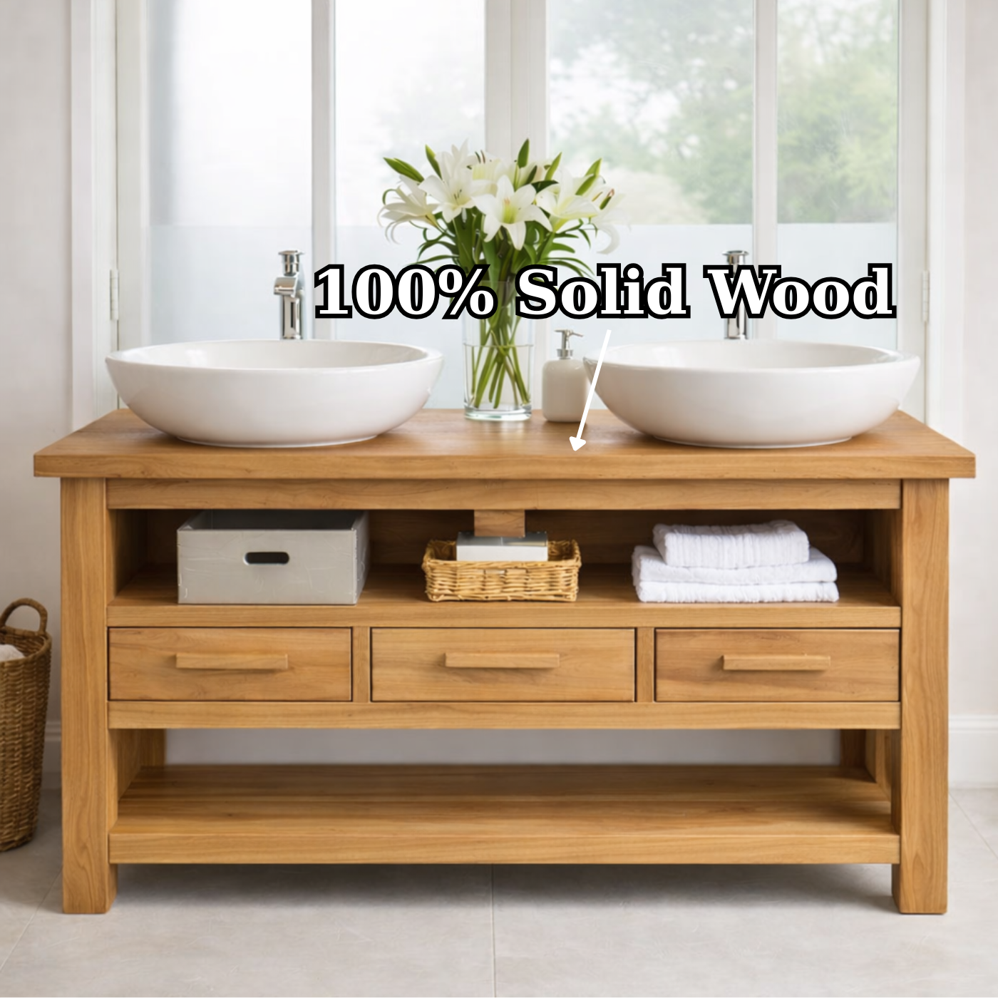 Solid Oak Double Bathroom Vanity with Storage for Spacious Bathrooms