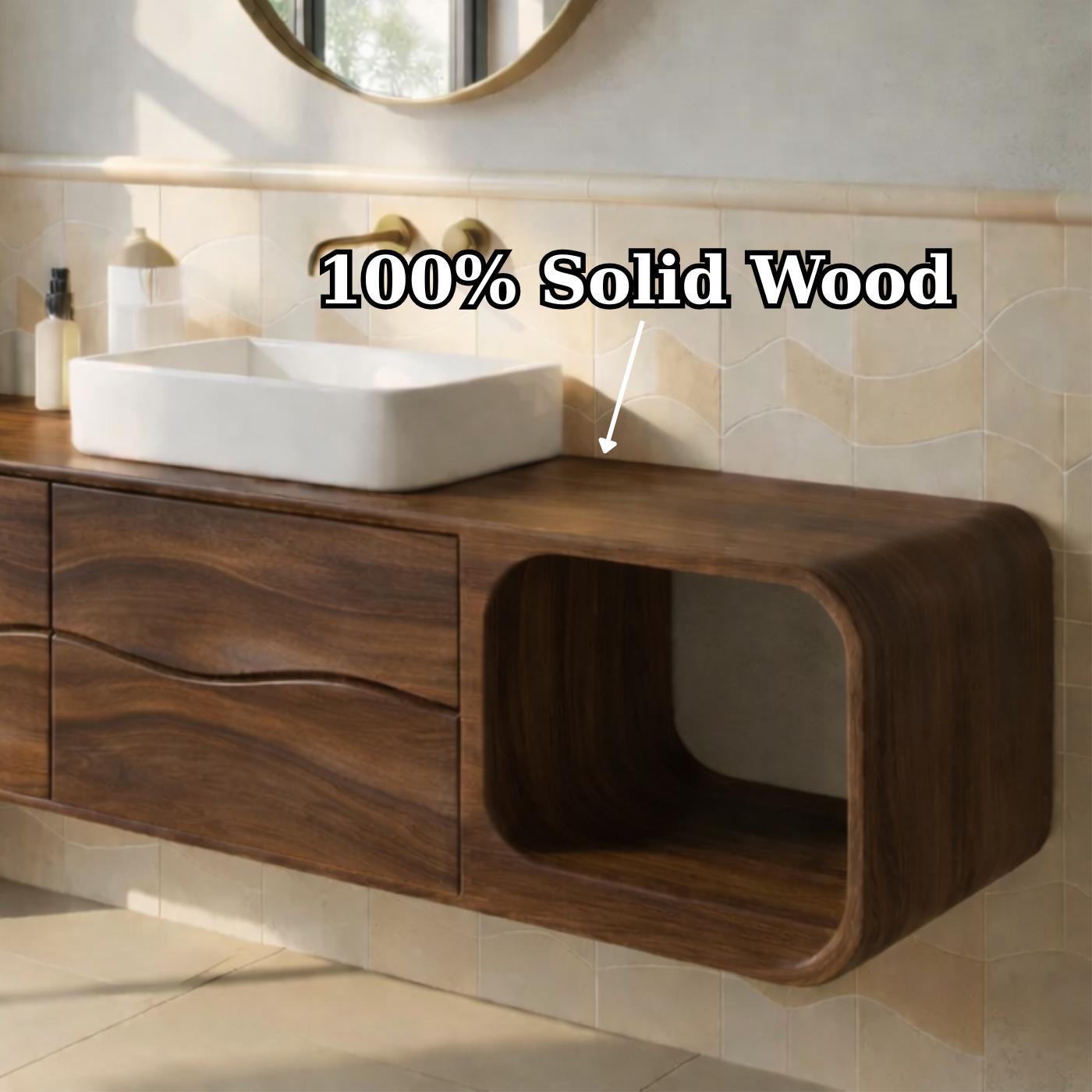 Floating Solid Wood Bathroom Vanity with Drawers and Open Shelf