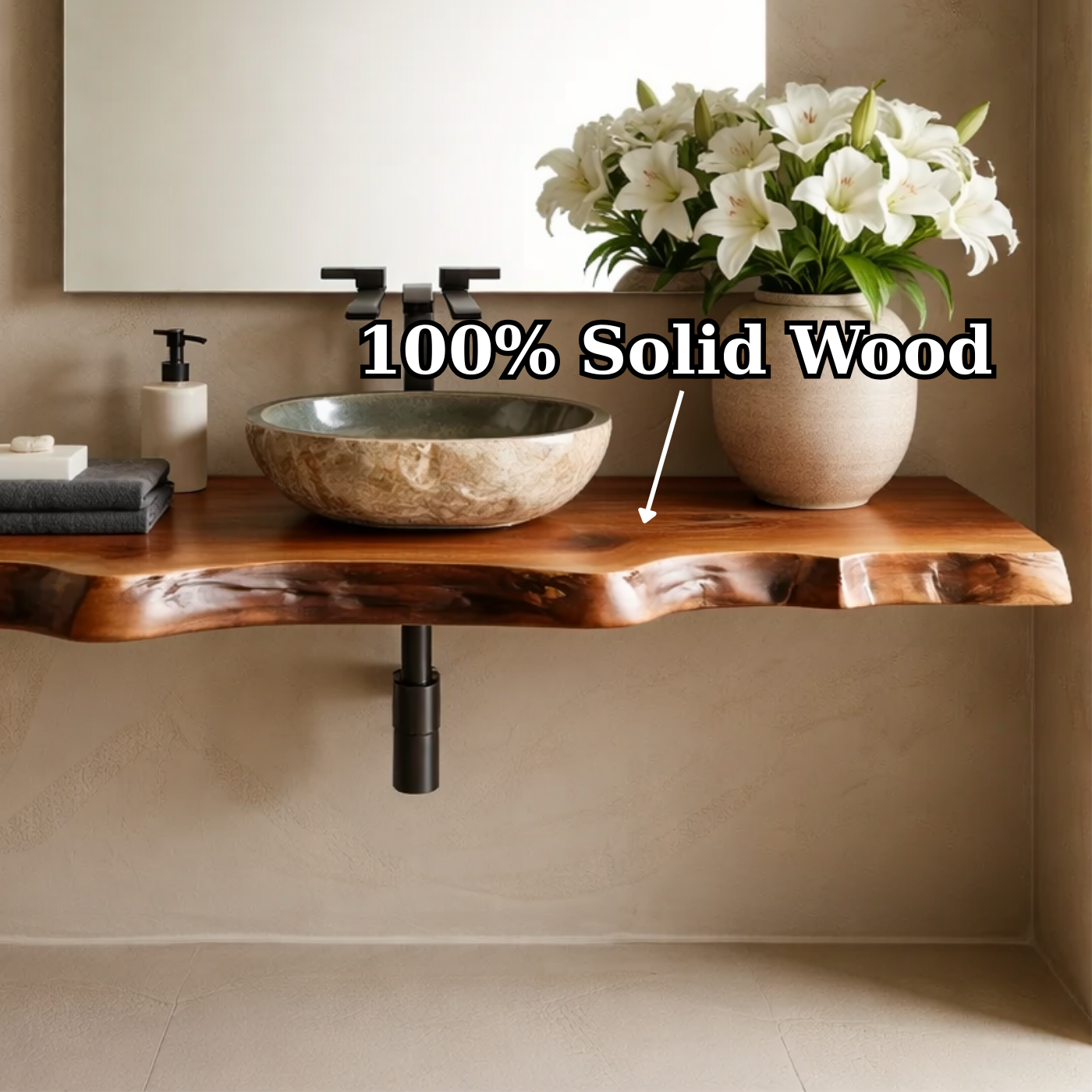Floating Live Edge Solid Wood Bathroom Vanity Shelf – Natural Wood Slab Wall Mounted Countertop