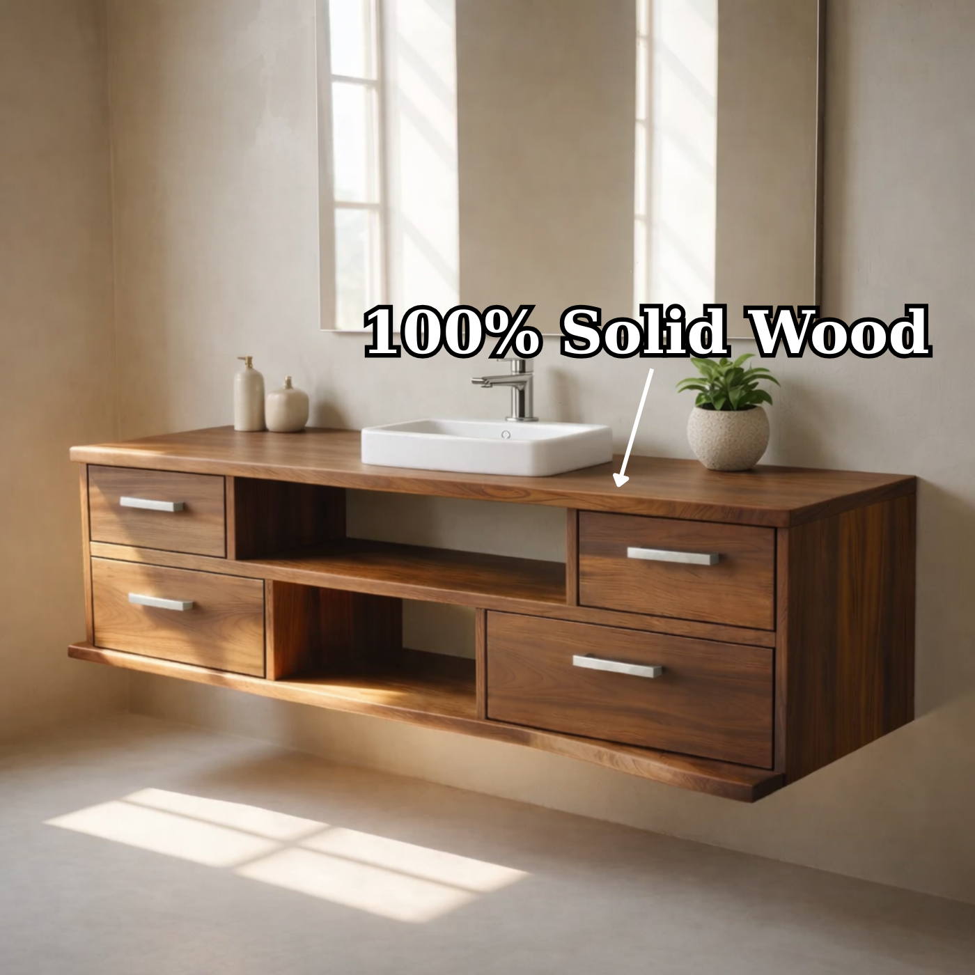 Floating Solid Wood Bathroom Vanity with Drawers and Open Shelf for Modern Bathrooms