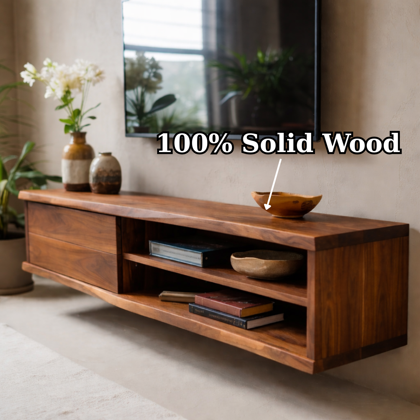 Floating Solid Wood TV Stand with Drawer and Open Shelves for Modern Living Rooms