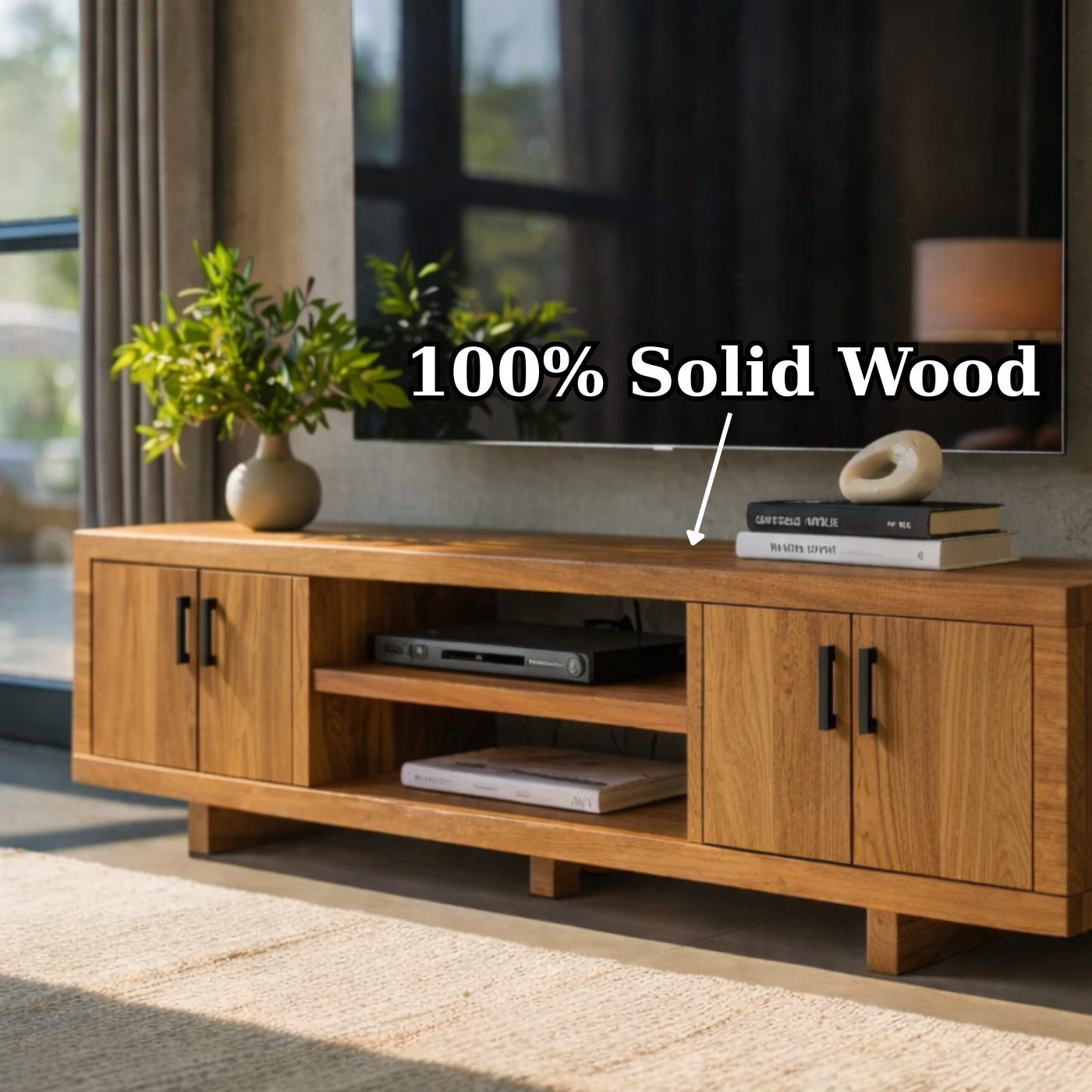 Modern Solid Wood TV Stand with Storage Cabinets and Open Media Shelf