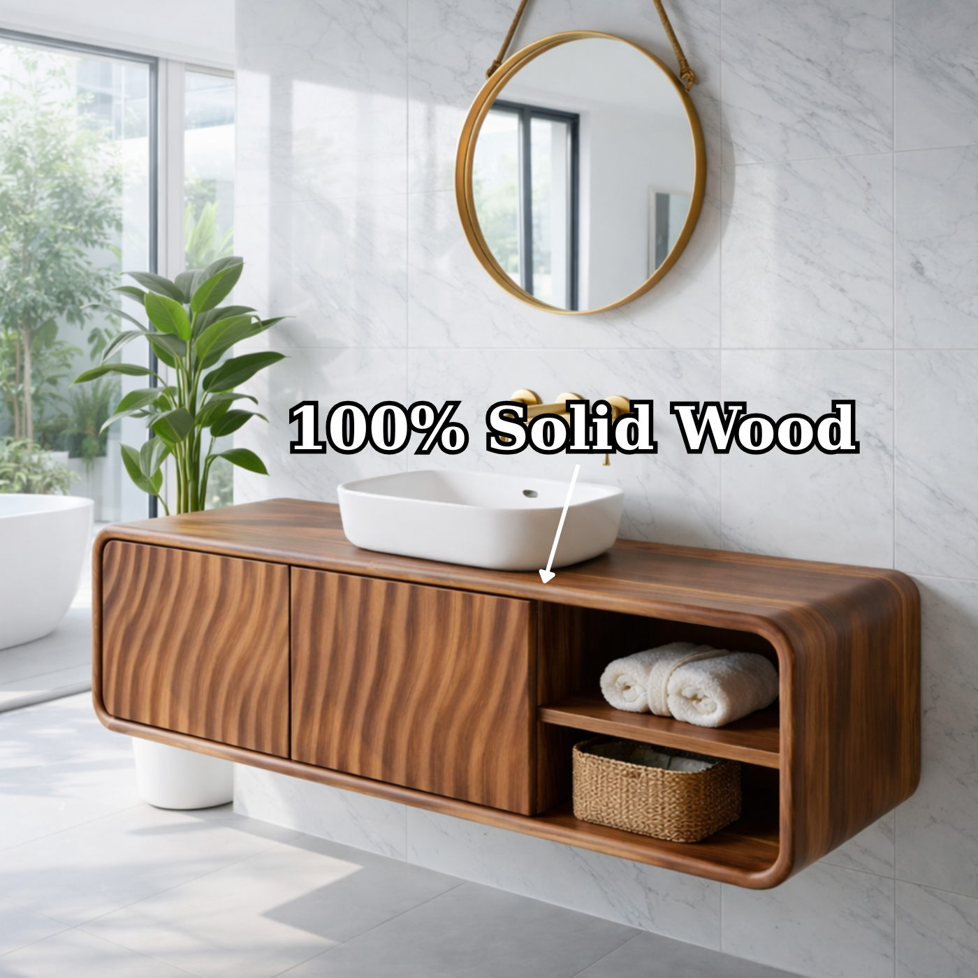 Modern Floating Solid Wood Bathroom Vanity with Wave Grain Cabinet Doors