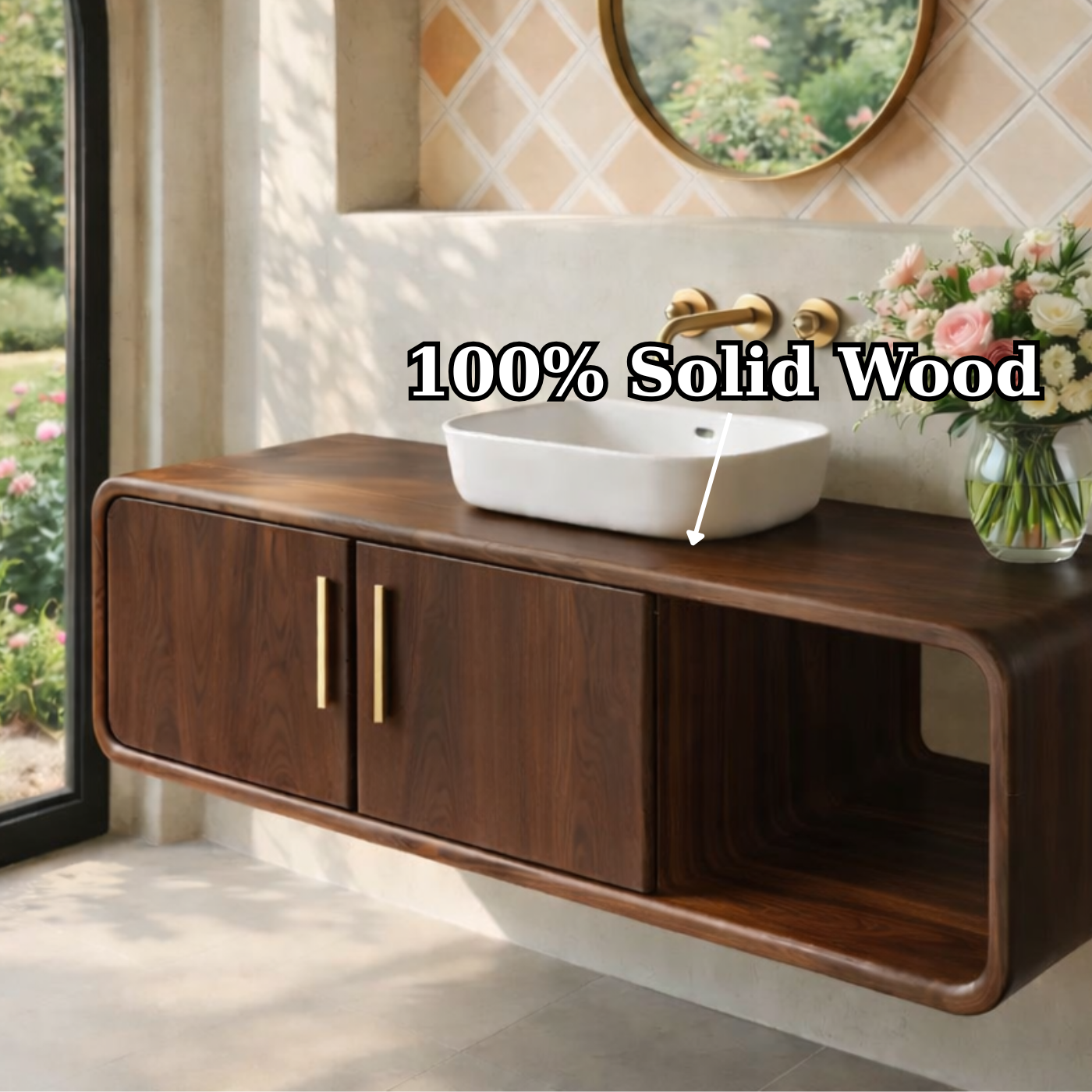 Floating Solid Wood Bathroom Vanity with Cabinet Doors and Open Shelf for Elegant Bathrooms
