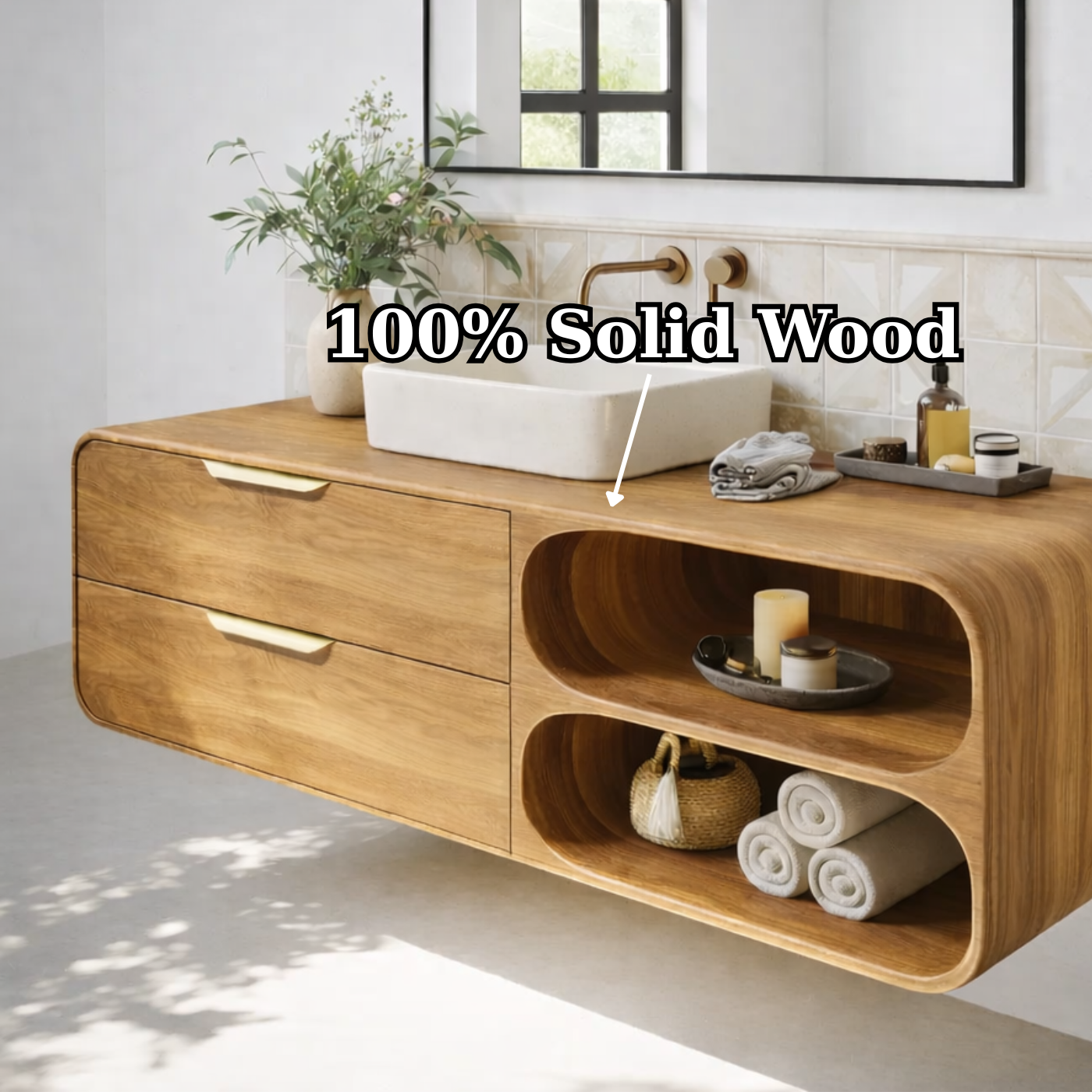 Floating Solid Wood Bathroom Vanity with Drawers and Open Curved Shelves for Modern Bathrooms