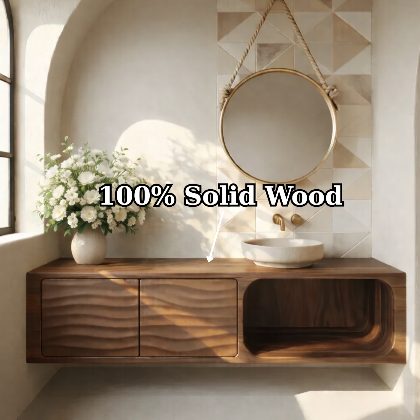 Floating Solid Wood Bathroom Vanity with Textured Cabinet Doors and Open Shelf for Contemporary Homes