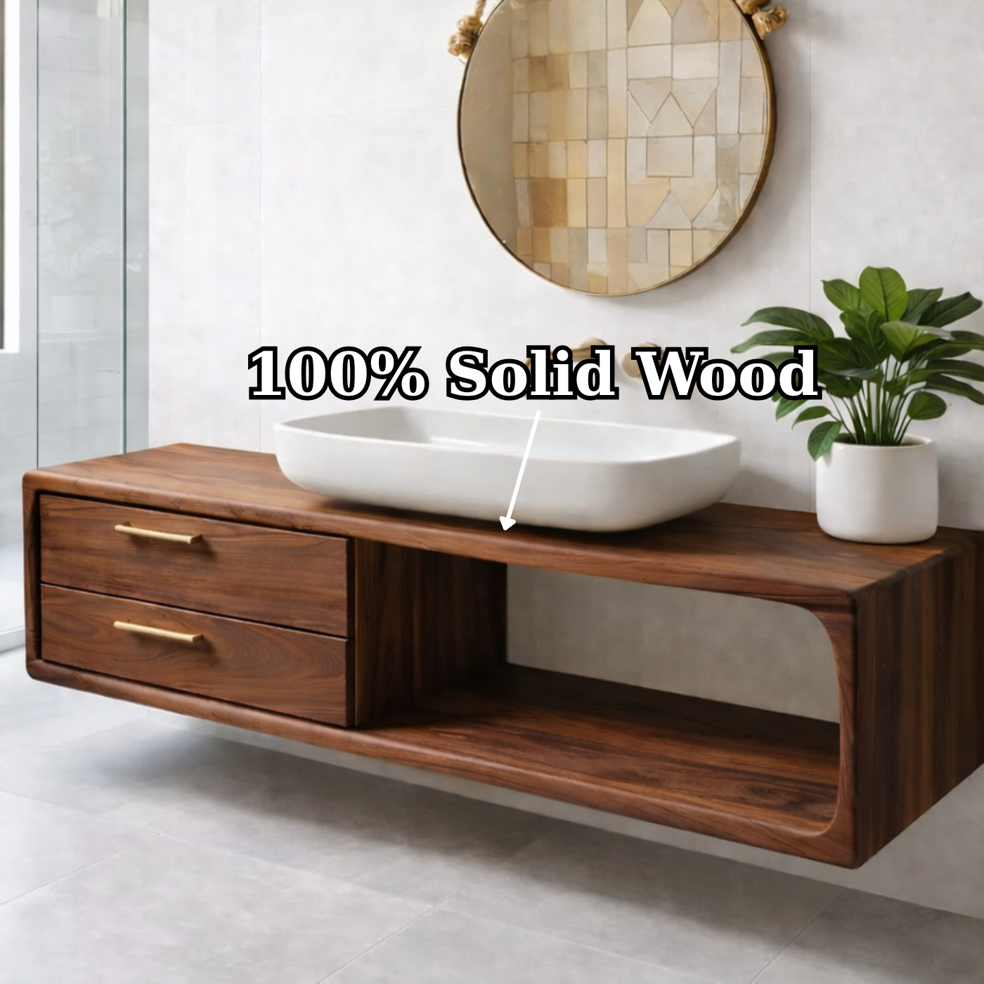 Modern Solid Wood Floating Bathroom Vanity with Double Drawers and Open Shelf