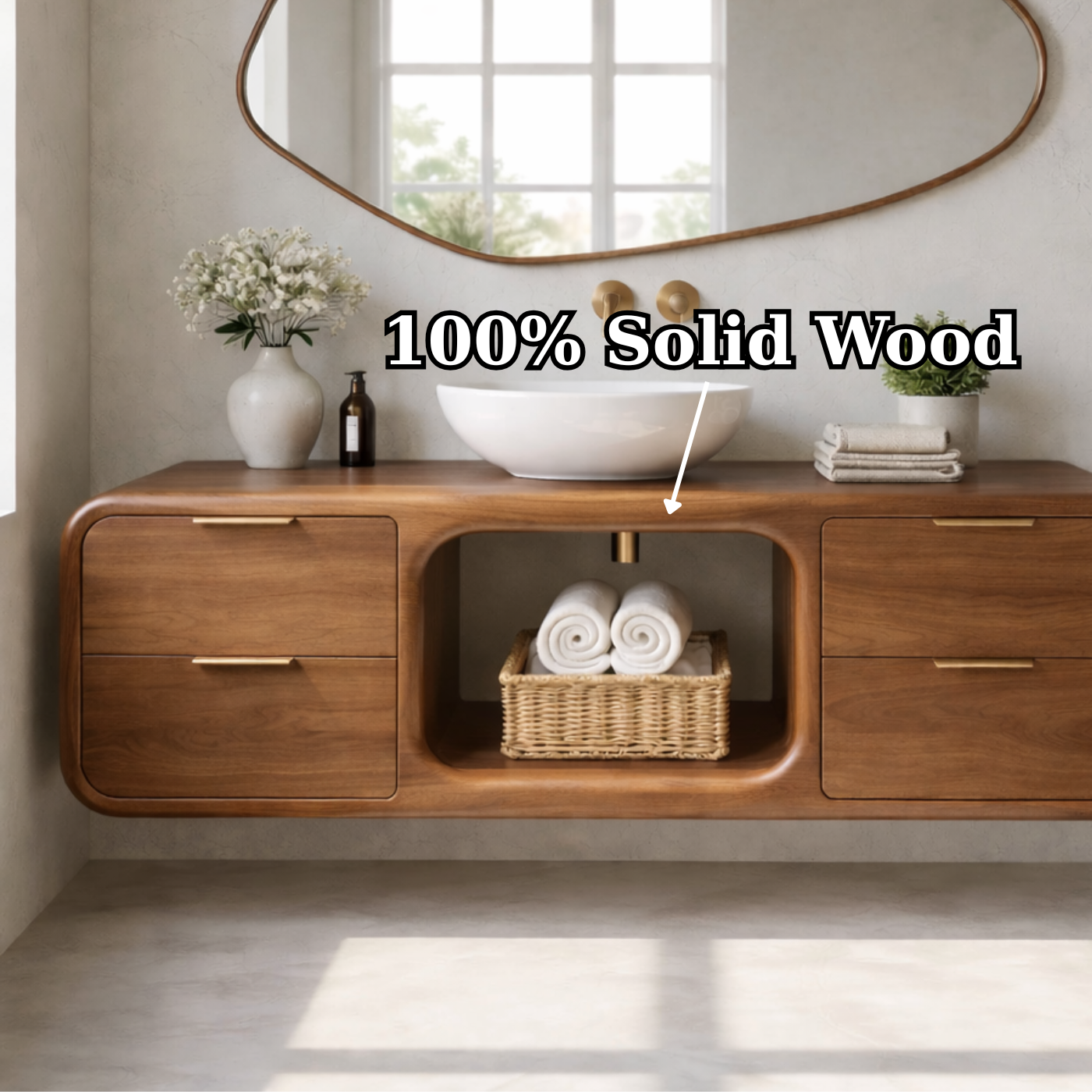 Modern Floating Solid Wood Bathroom Vanity with Open Center Shelf and Drawer Storage