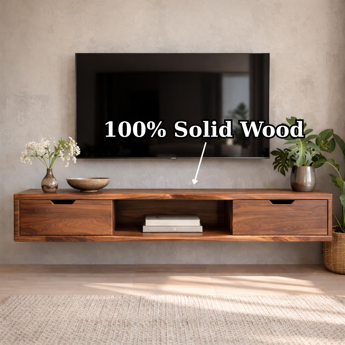 Floating Walnut Wood TV Stand with Drawers and Open Media Shelf
