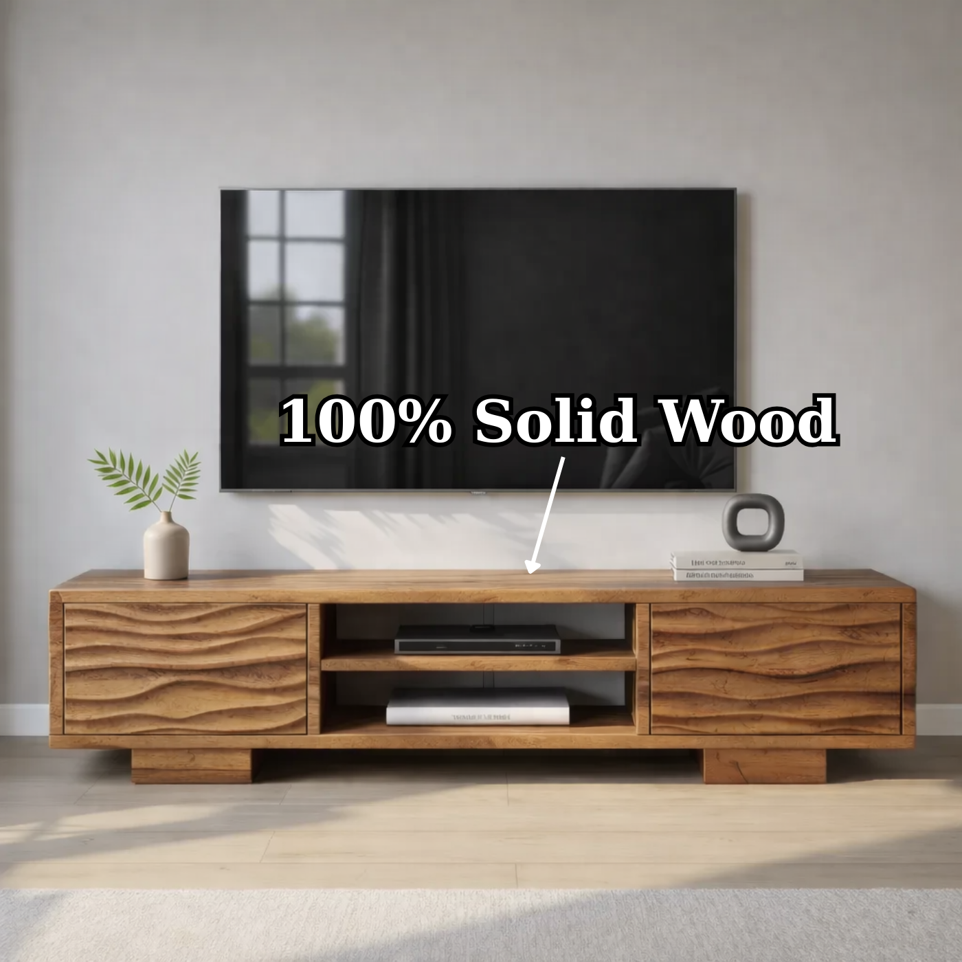 Modern Solid Wood TV Stand with Wave Front Drawers and Open Media Shelf