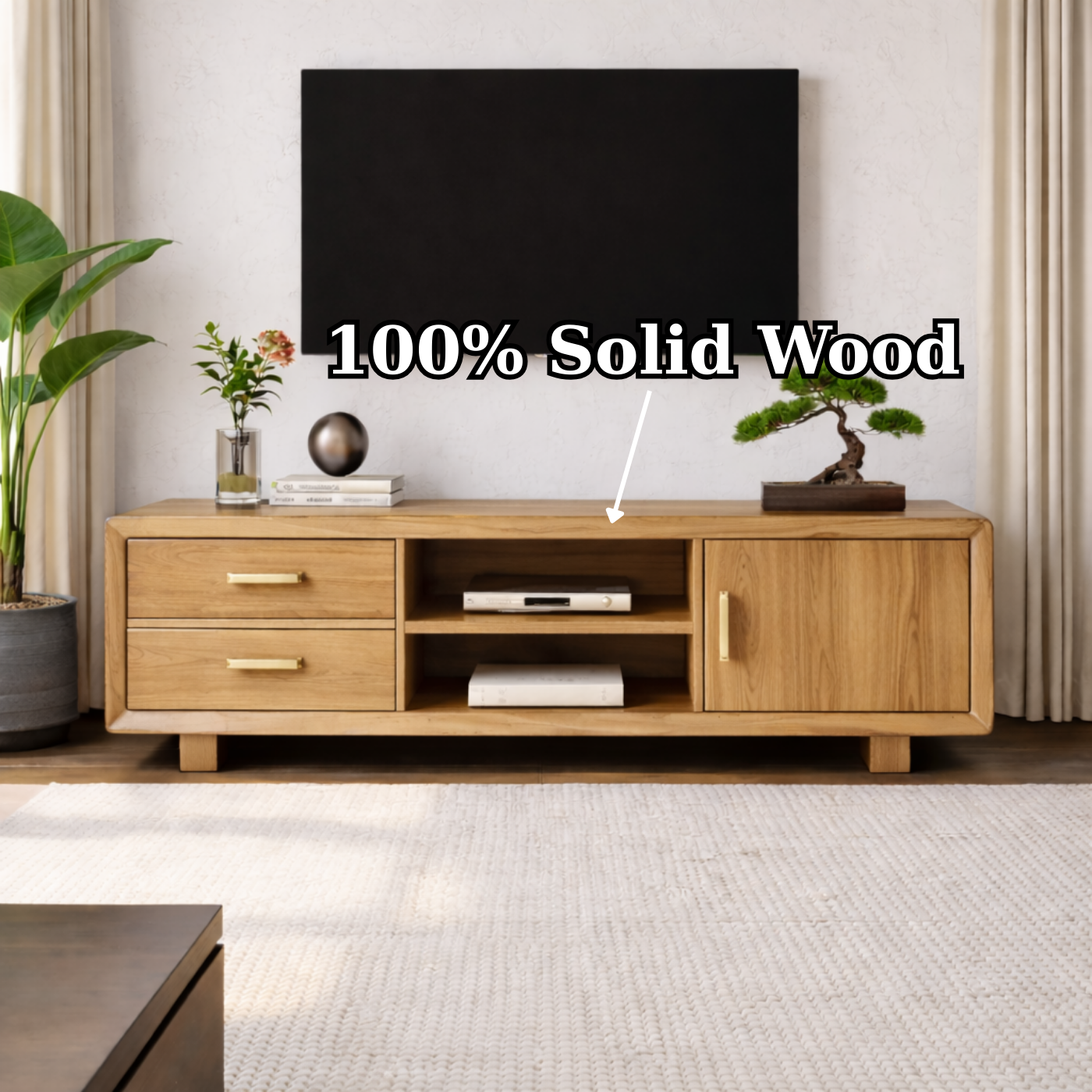 Modern Soild Wood TV Stand with Drawers, Cabinet Door, and Open Media Shelves
