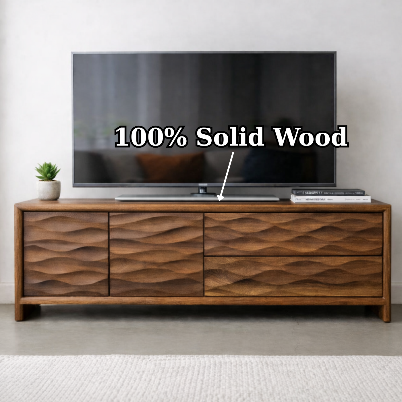 Modern Soild Wood TV Stand with Textured Wave Cabinet Doors and Storage Drawers